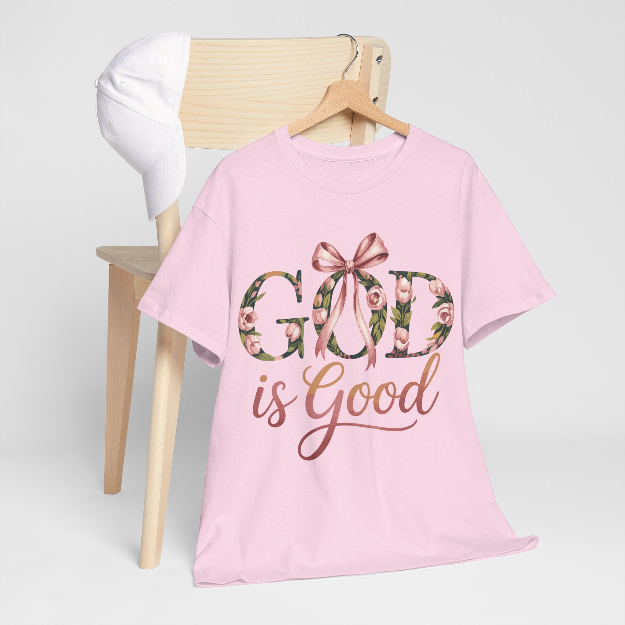 God Is Good Pink Rose Tee — Floral Ribbon Faith Unisex Cotton T-Shirt