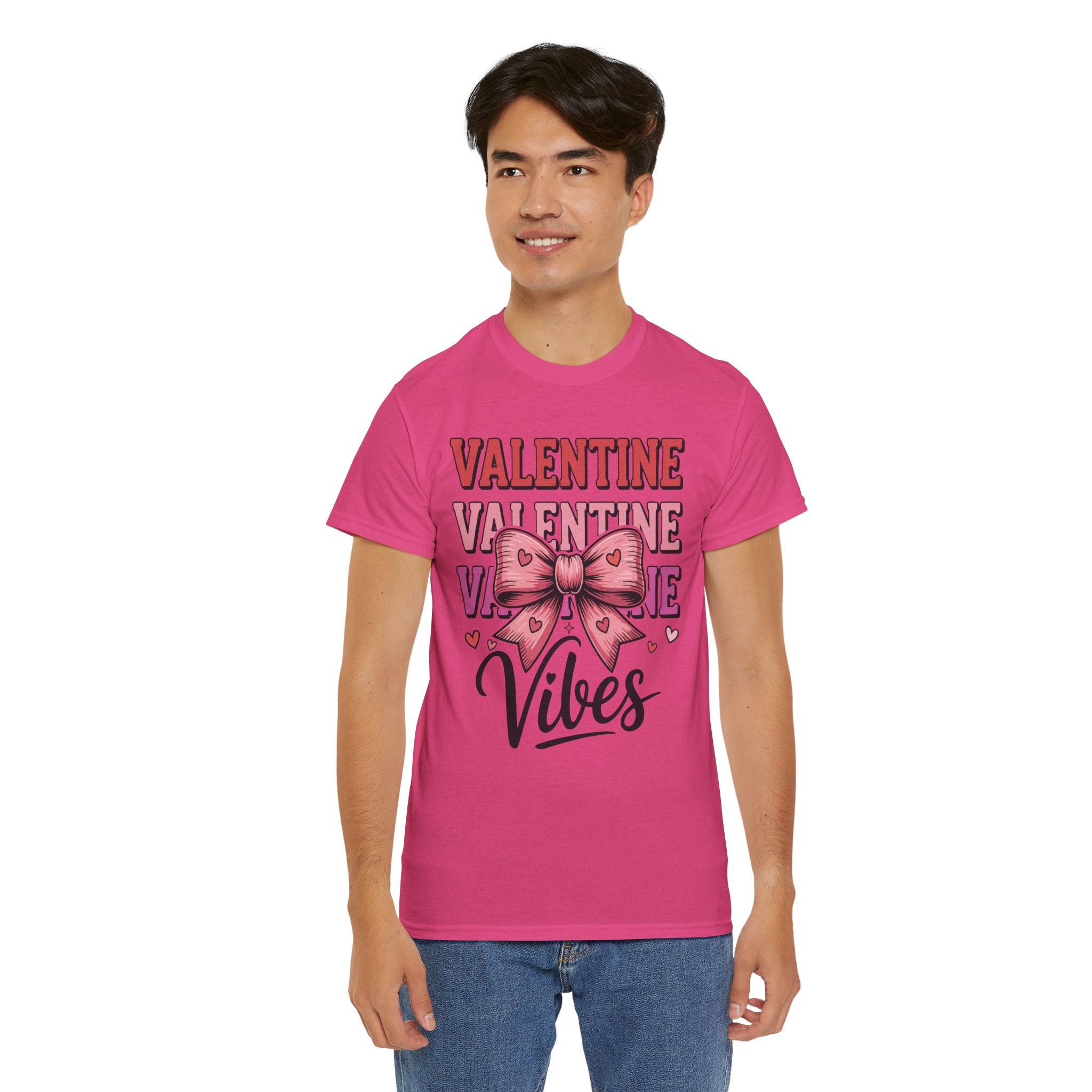Valentine Vibes T-Shirt — Pink Bow Heart Graphic Unisex Cotton Tee