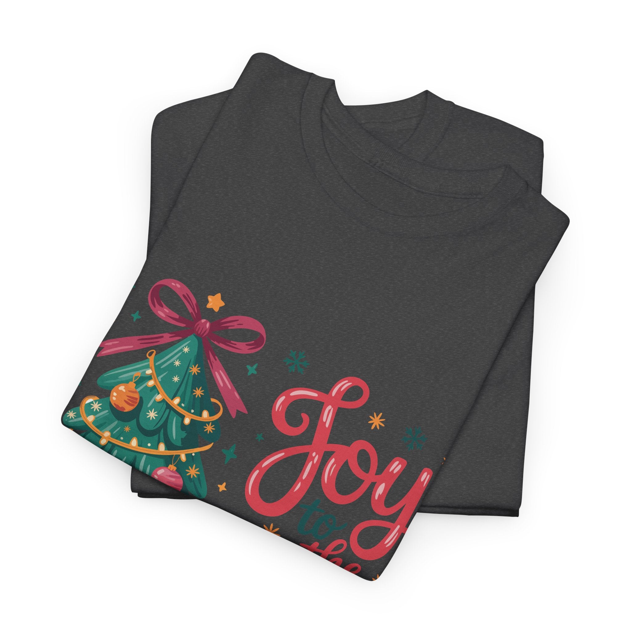 Joy to the World Christmas Tee — Festive Tree with Pink Bow..Unisex Cotton Tee
