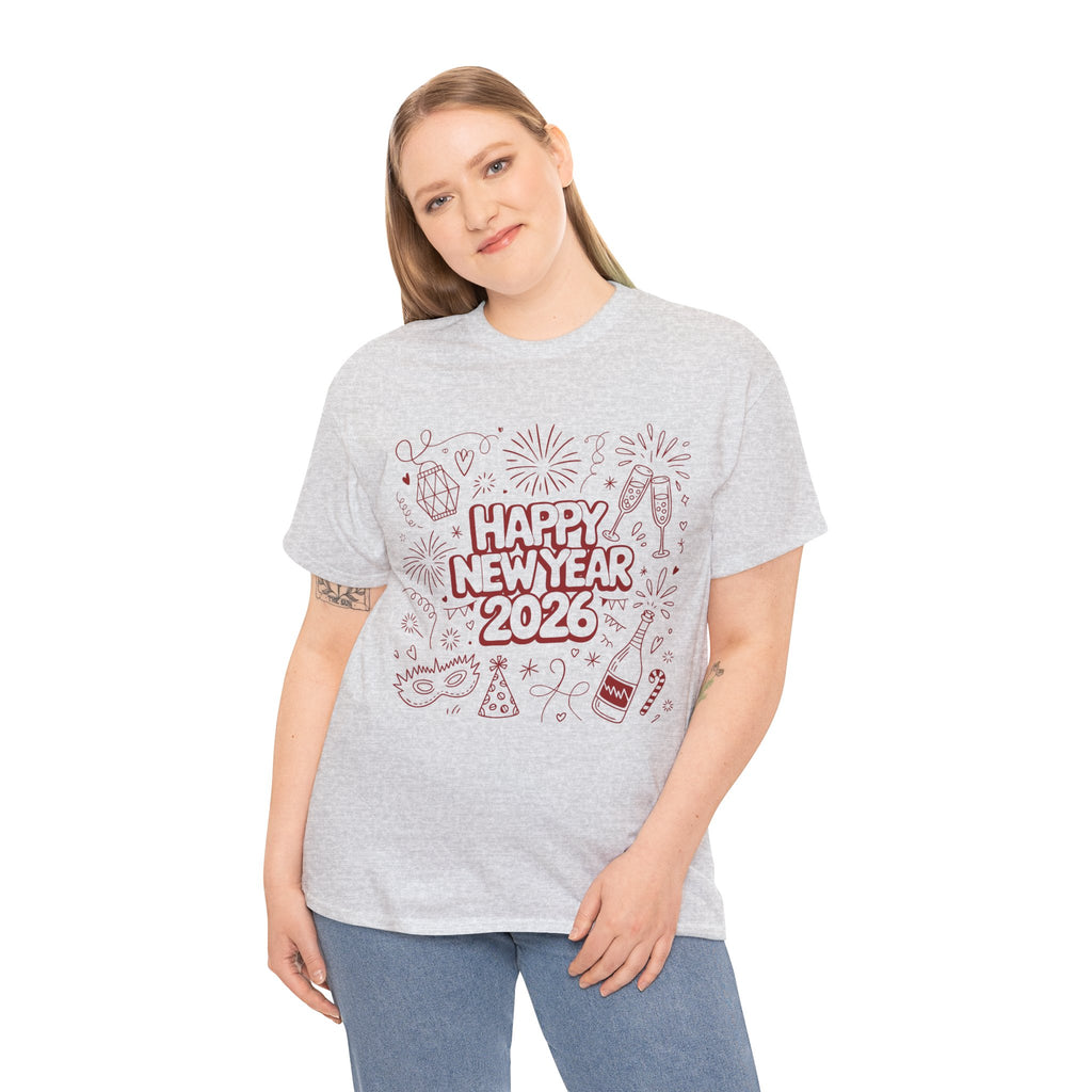Happy New Year 2026 Doodle T-Shirt — Pink Party Icons & Champagne Unisex Cotton Tee
