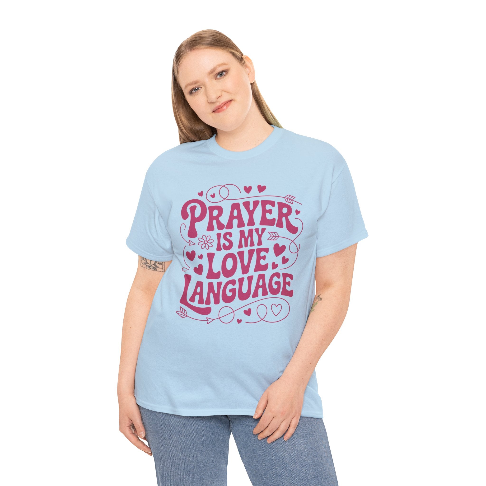 Prayer Is My Love Language Christian Tee — Pastel Pink Hearts Unisex Cotton Tee
