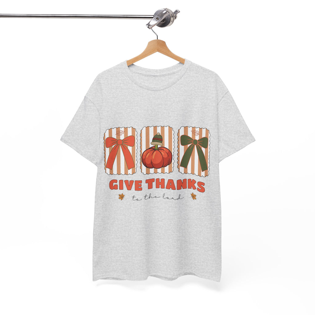 Give Thanks Thanksgiving T-Shirt — Pumpkin with Hat & Bows Unisex Cotton Tee