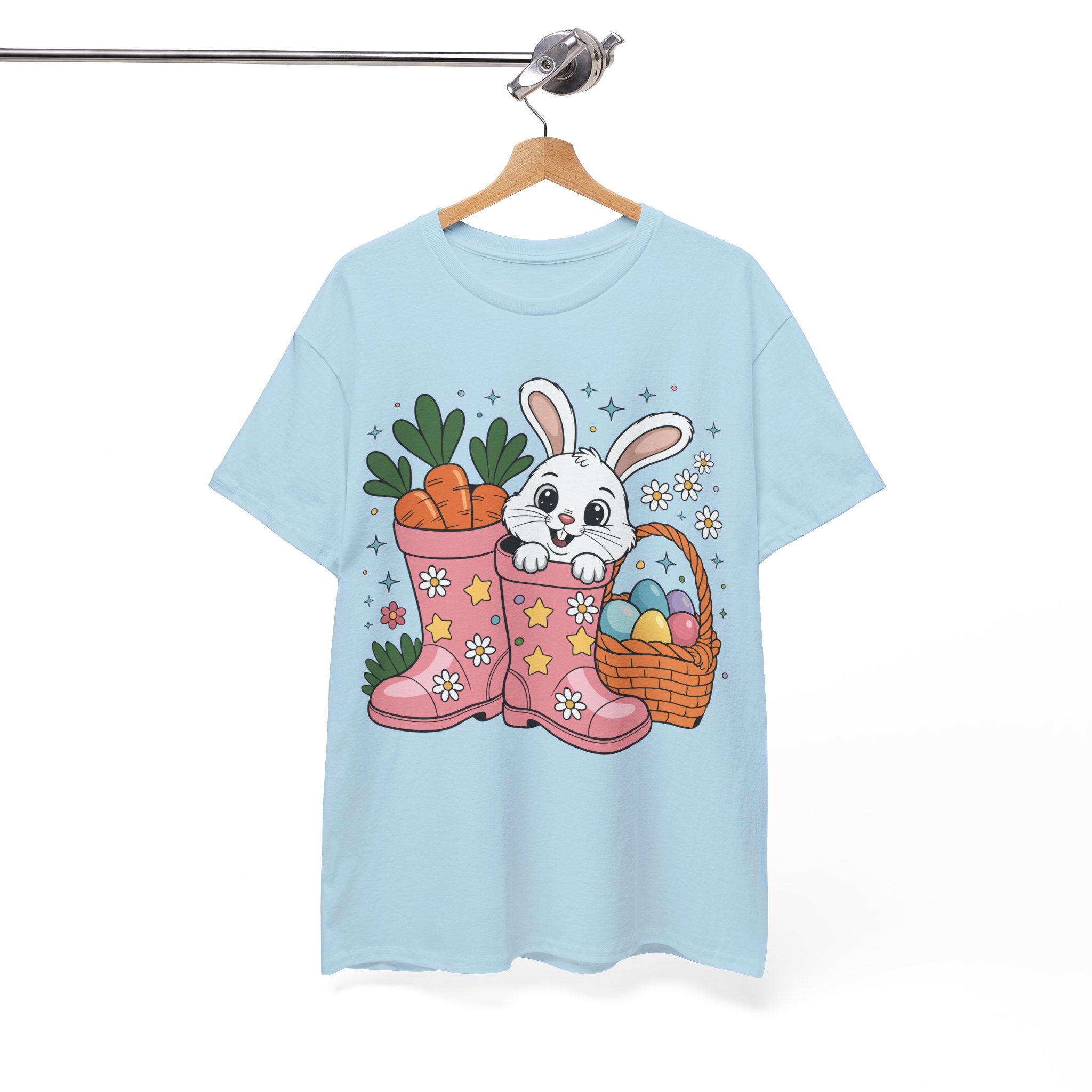 Easter Bunny in Pink Rain Boots T-Shirt — Cartoon Bunny, Carrots & Colorful Eggs Unisex Cotton Tee