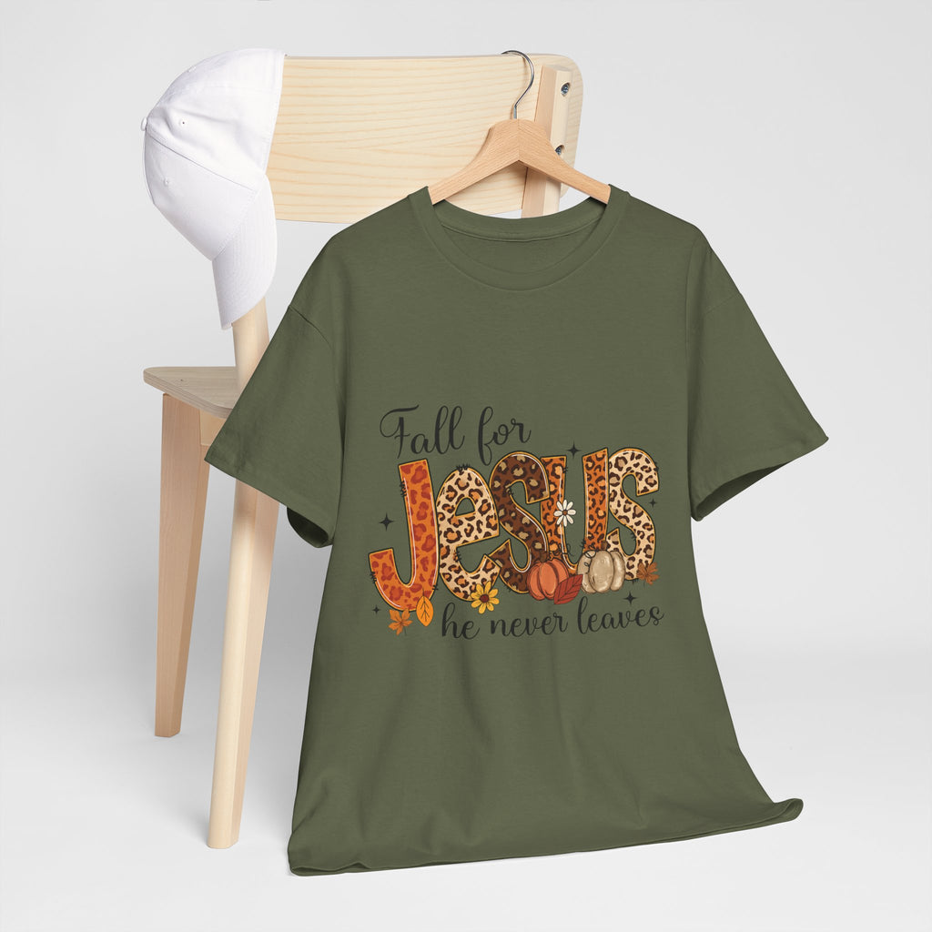 JESUS Leopard Print Fall T-Shirt — Pumpkins, Leaves & Floral Christian Unisex Cotton Tee