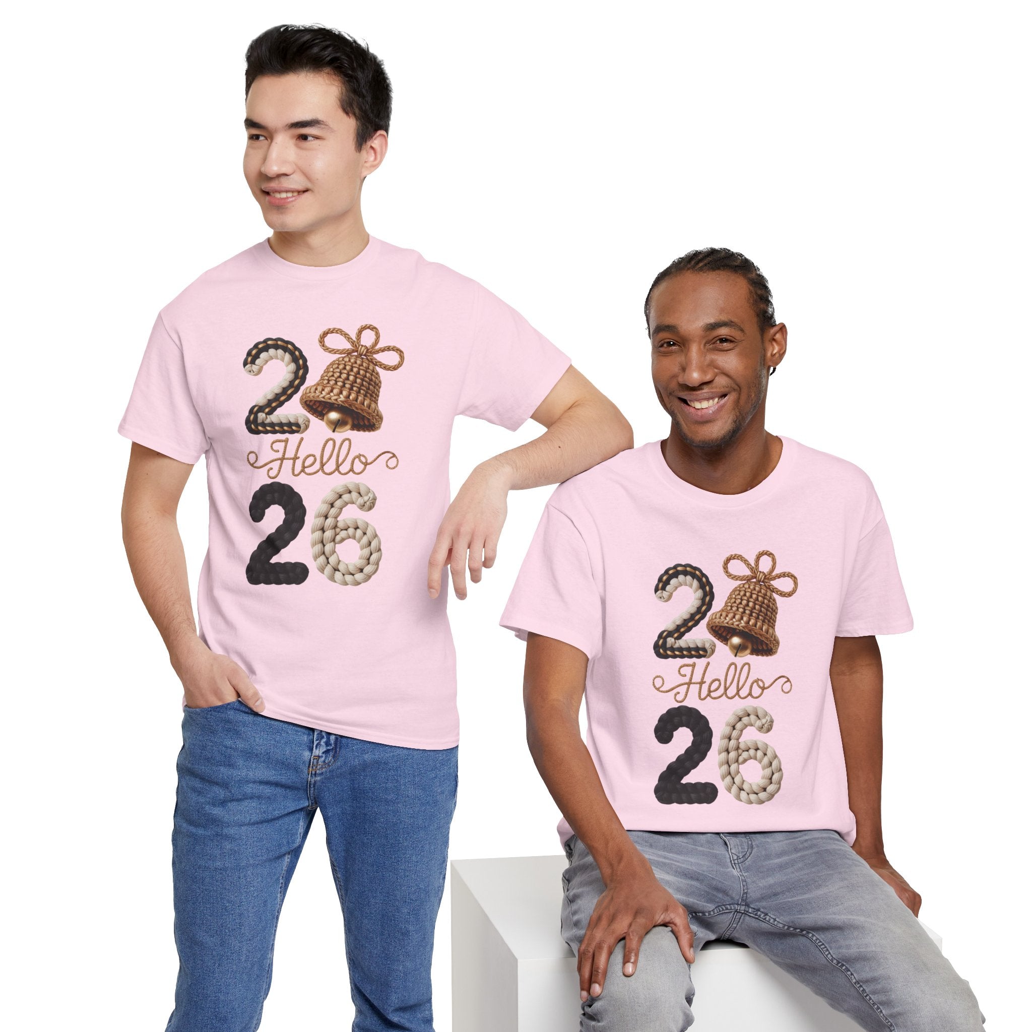 Hello 2026 Tee — Cozy Faux Yarn Braided Numbers with Woven Golden Bell..Unisex Cotton Tee