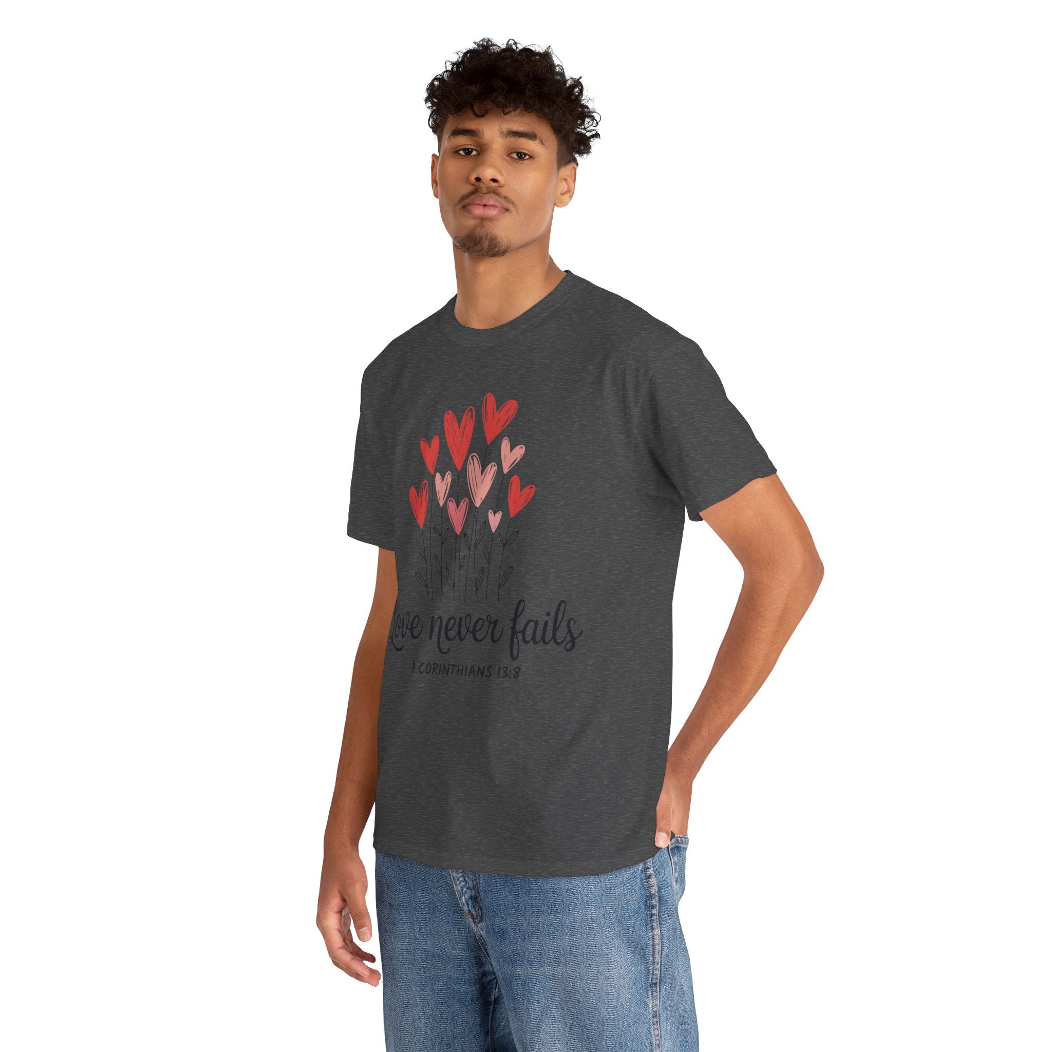 Christian Valentine T-Shirt — "Love Never Fails" (1 Corinthians 13:8) Unisex Cotton Tee