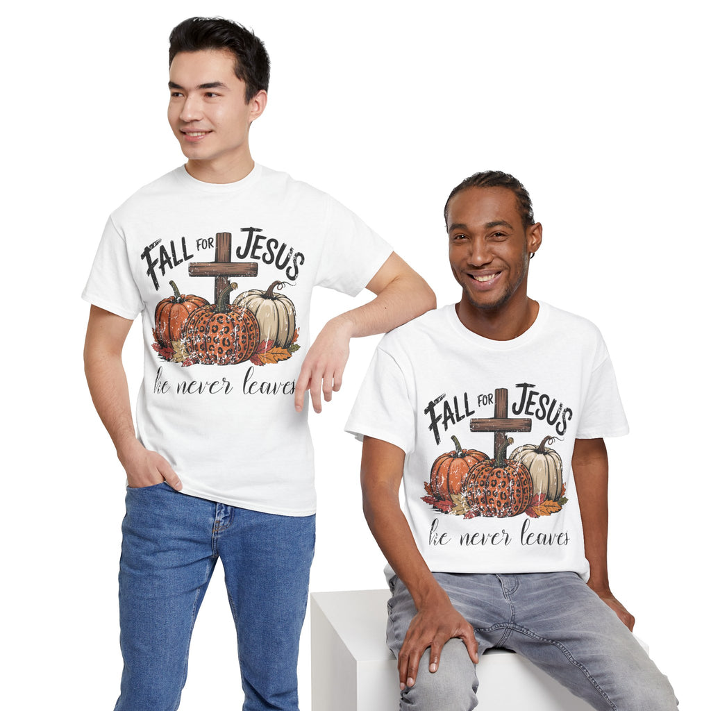 Fall for Jesus Pumpkin Cross Tee — "He Never Leaves" Autumn Christian Unisex Cotton T-Shirt