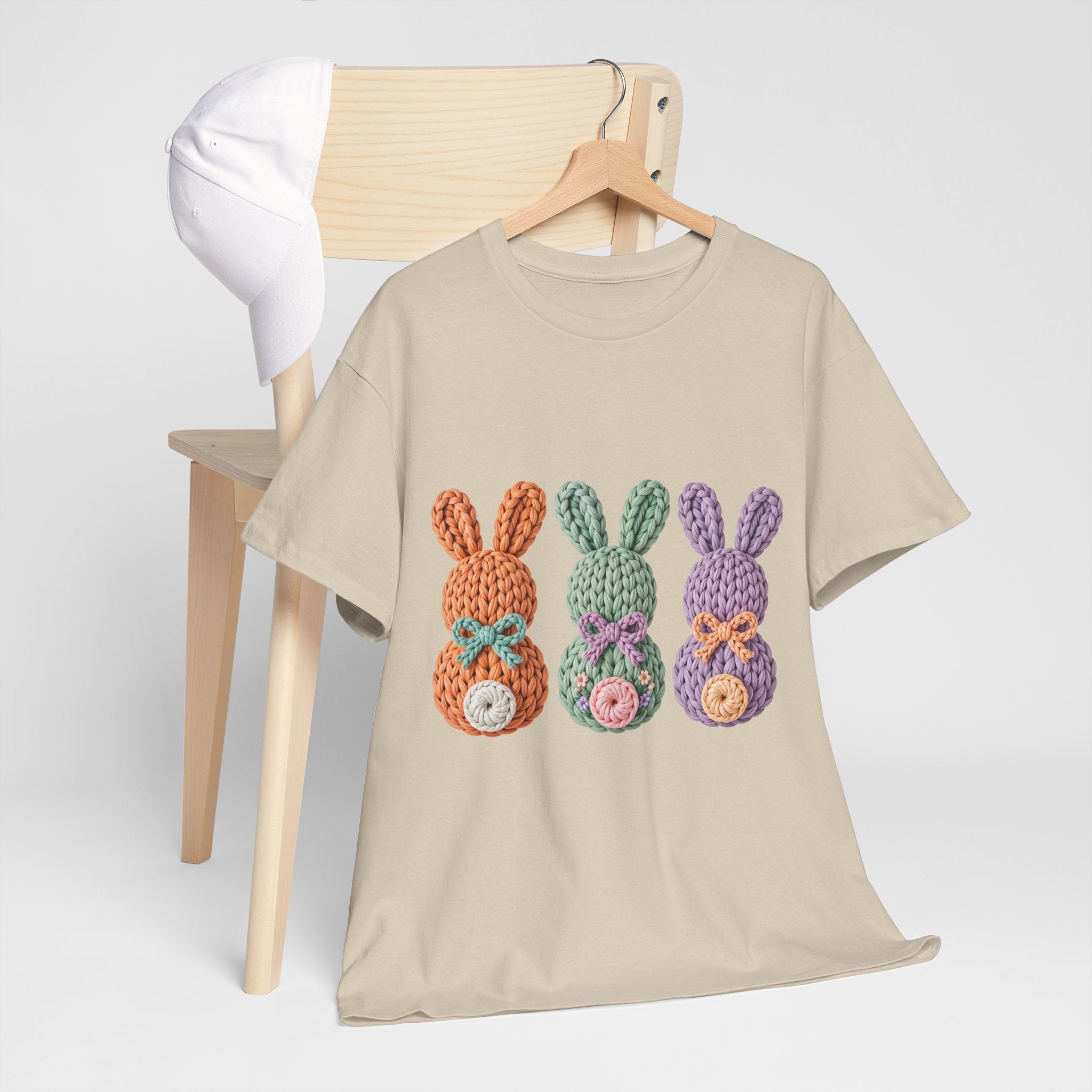 Pastel Crochet Bunny Tee — Trio of Faux Knit Bunnies with Bows & Flowers Unisex Cotton Tee