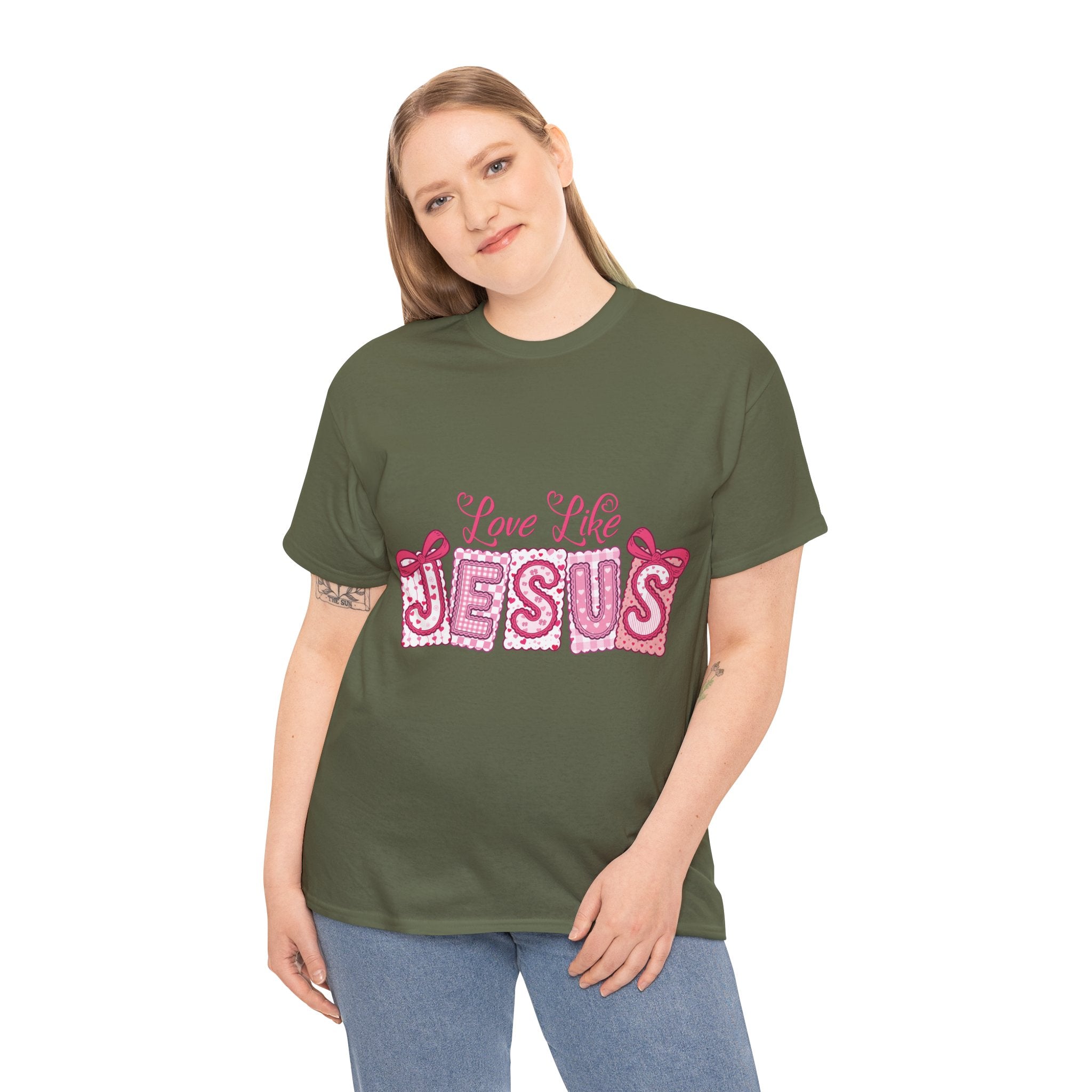 Love Like Jesus Patchwork Tee — Pink Stitched Heart Graphic.Unisex Cotton Tee