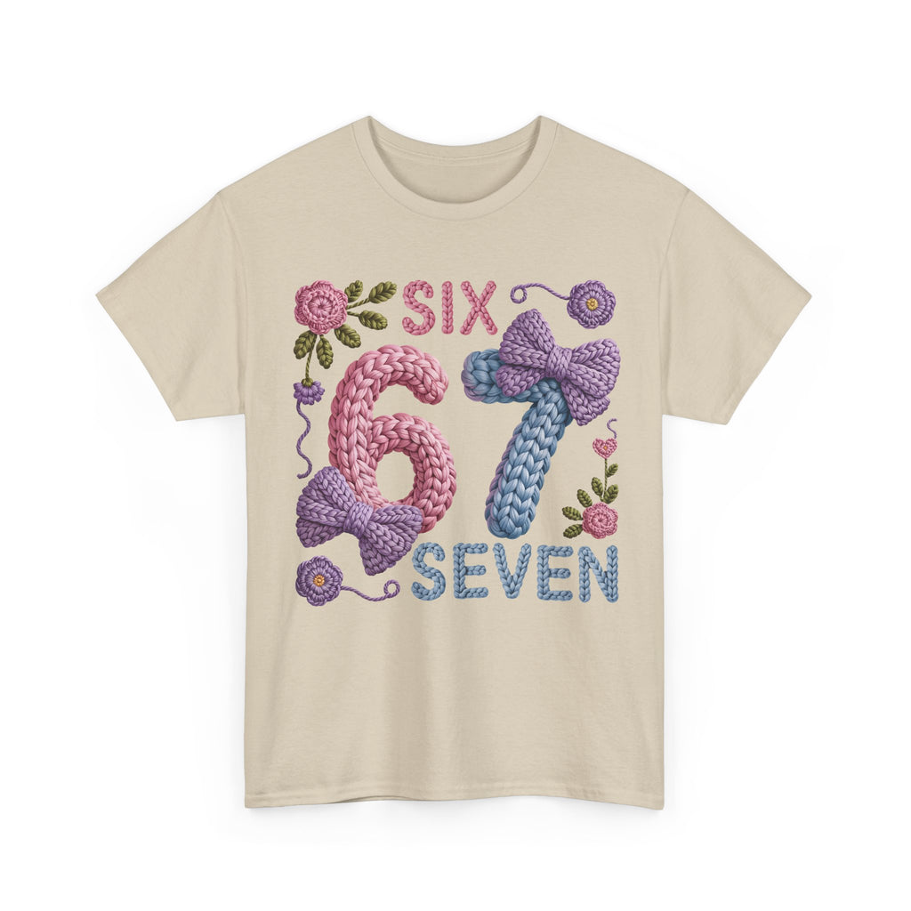 Pastel Crochet Numbers 6 & 7 Tee — Faux-Yarn Bows & Flowers. Unisex Cotton Tee
