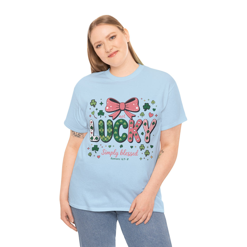Simply Blessed Tee — “Not Lucky, Simply Blessed” with Pastel Bow, Clovers & Romans 4:7-8 Unisex Cotton Tee