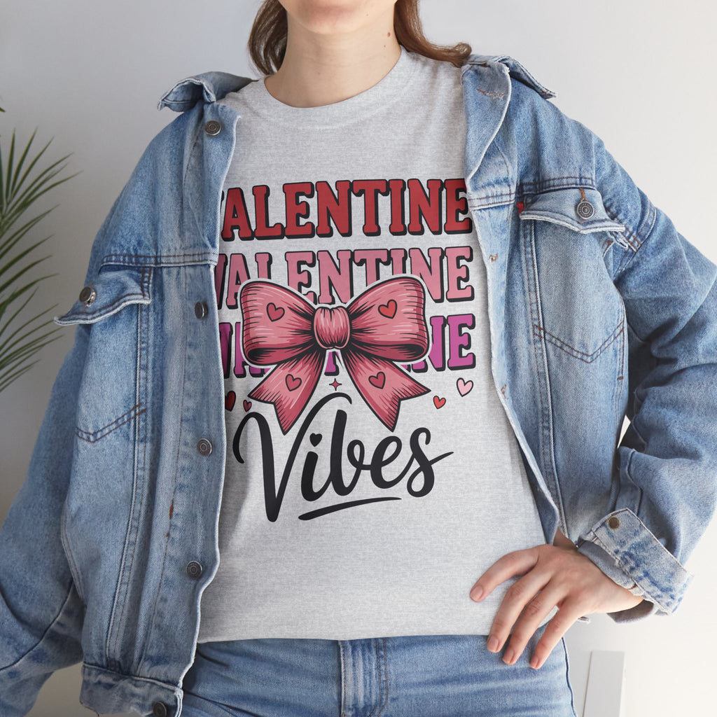Valentine Vibes T-Shirt — Pink Bow Heart Graphic Unisex Cotton Tee