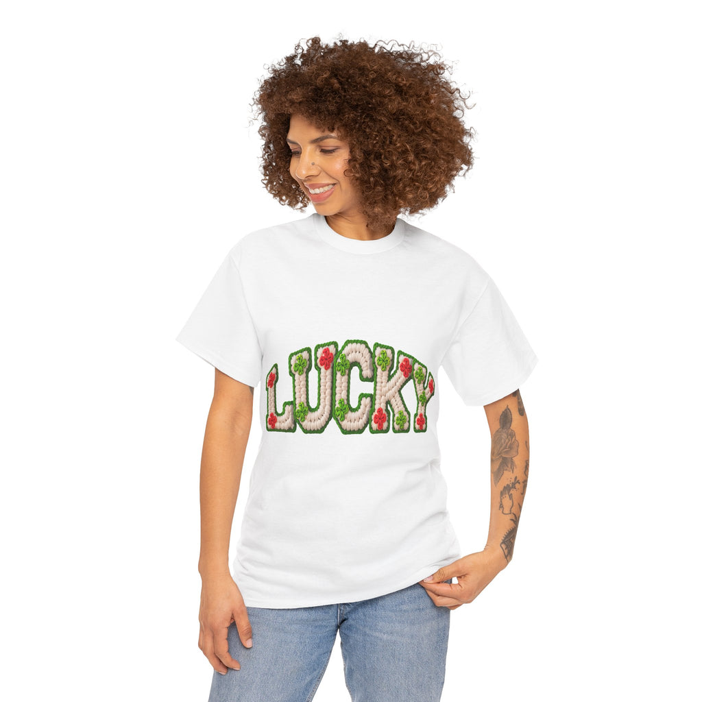 Lucky Crochet Clover T-Shirt — Faux-Yarn Embroidered St. Patrick’s Unisex Cotton Tee