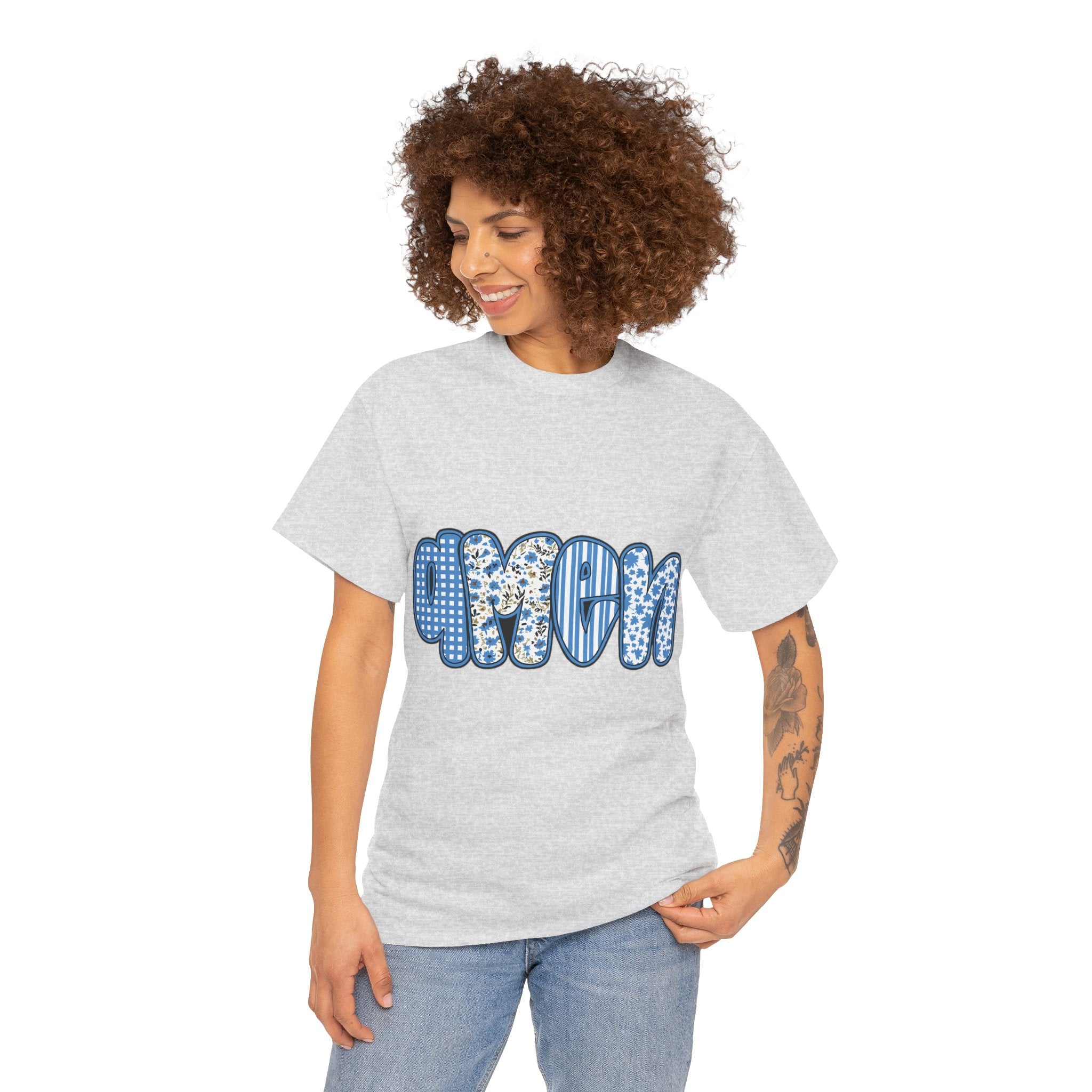 Amen Blue Floral Tee — Decorative Floral Lettering Christian Shirt Unisex Cotton Tee