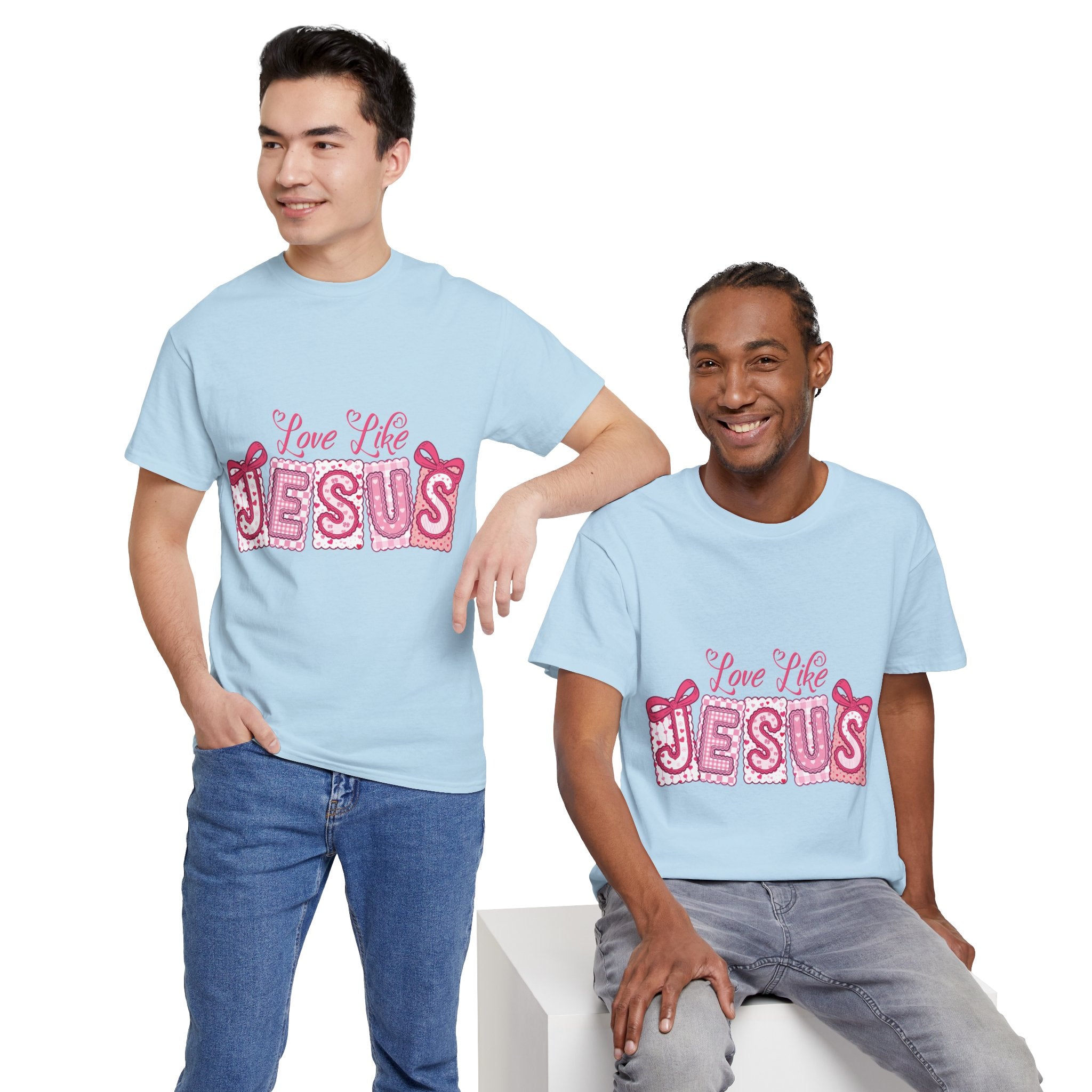 Love Like Jesus Patchwork Tee — Pink Stitched Heart Graphic.Unisex Cotton Tee