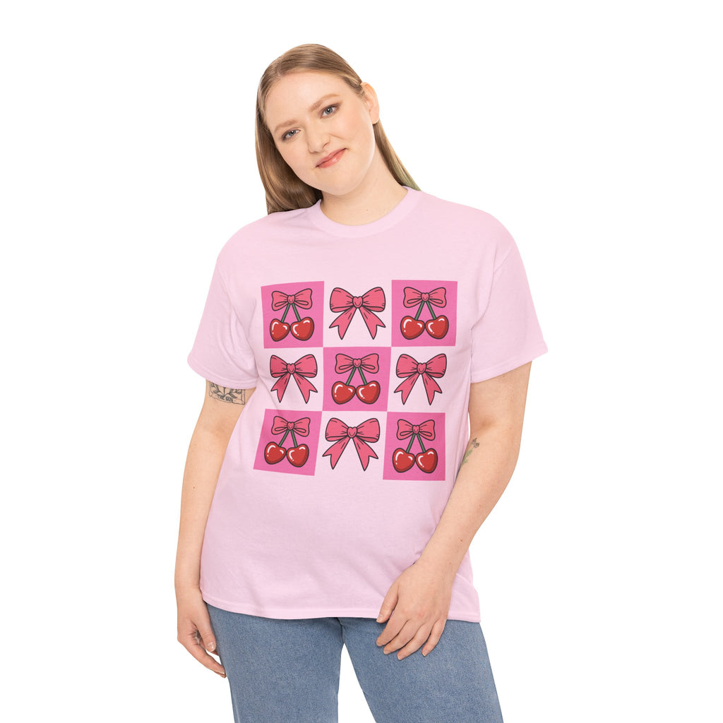 Cherry & Pink Bow Checkered Unisex Cotton Tee