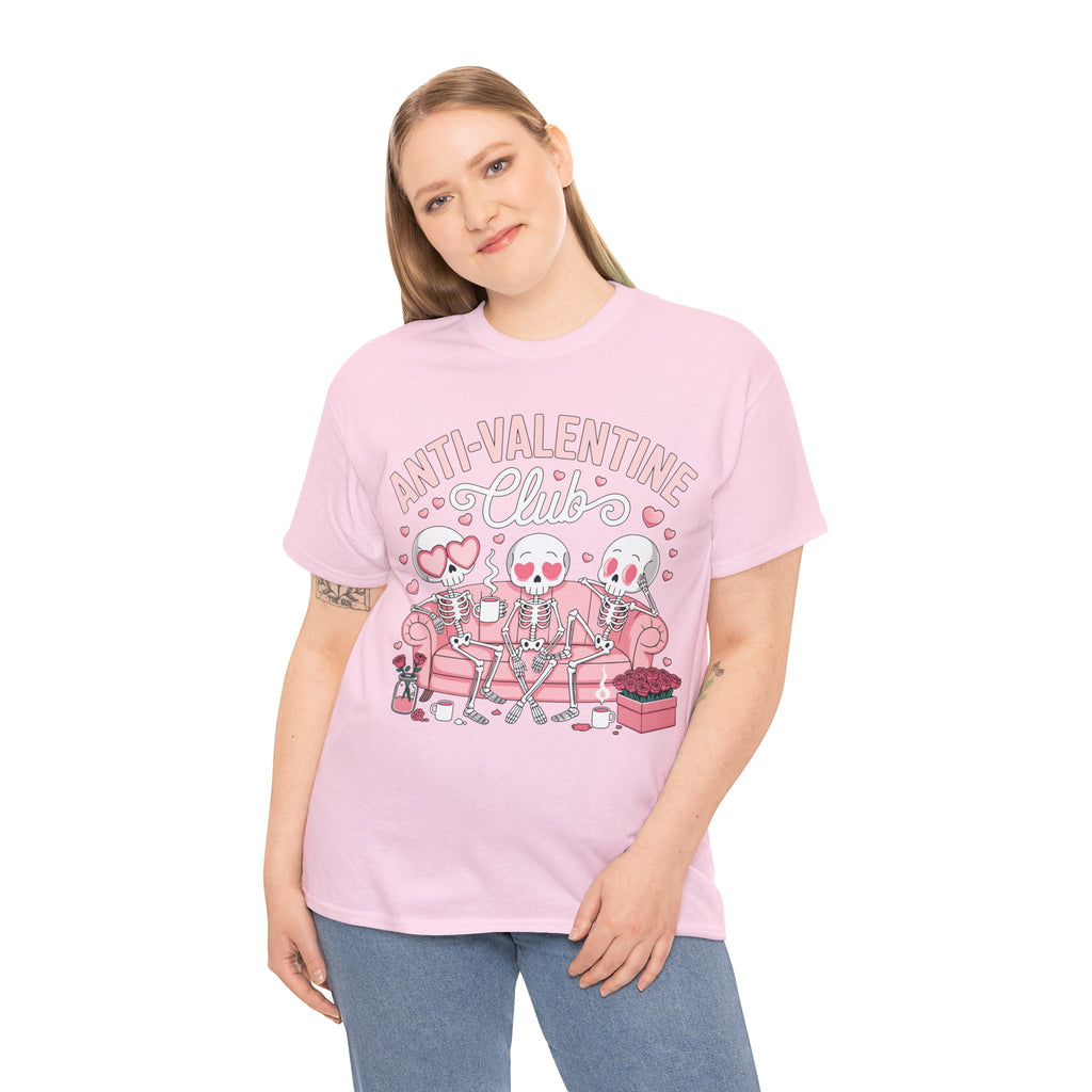 Anti-Valentine Club Skeleton Tee — Anti-Romance Pink Couch Graphic Unisex Cotton T-Shirt