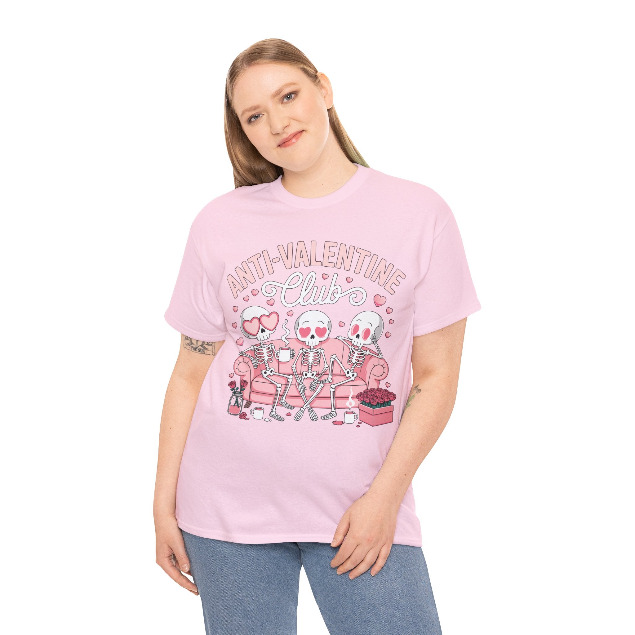 Anti-Valentine Club Skeleton Tee — Anti-Romance Pink Couch Graphic Unisex Cotton T-Shirt
