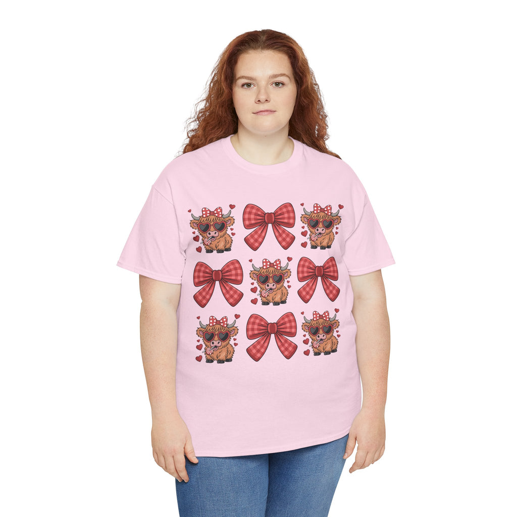 Valentine Cow Checkered Tee — Fluffy Cows with Heart Sunglasses & Red Bows..Unisex Cotton Tee