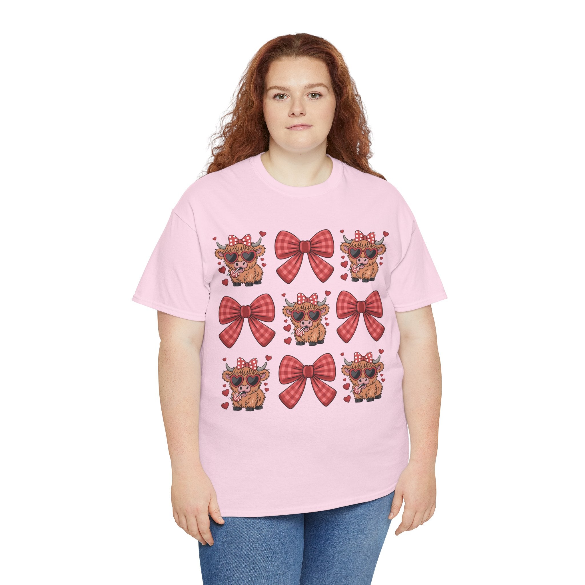 Valentine Cow Checkered Tee — Fluffy Cows with Heart Sunglasses & Red Bows..Unisex Cotton Tee