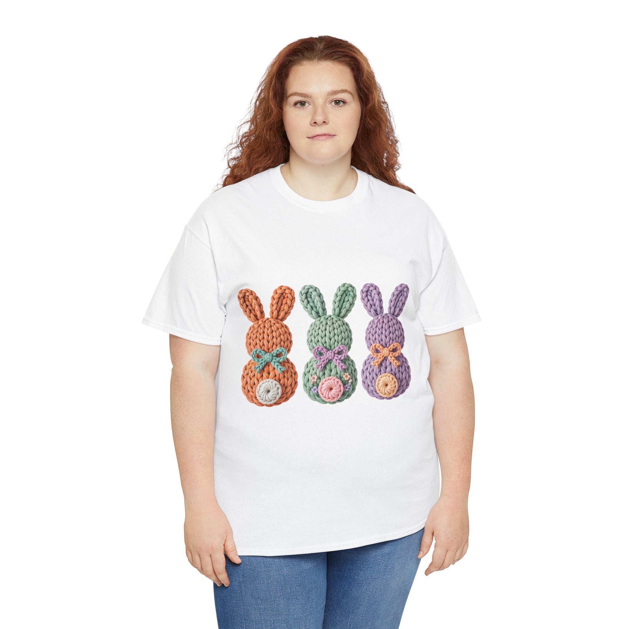 Pastel Crochet Bunny Tee — Trio of Faux Knit Bunnies with Bows & Flowers Unisex Cotton Tee