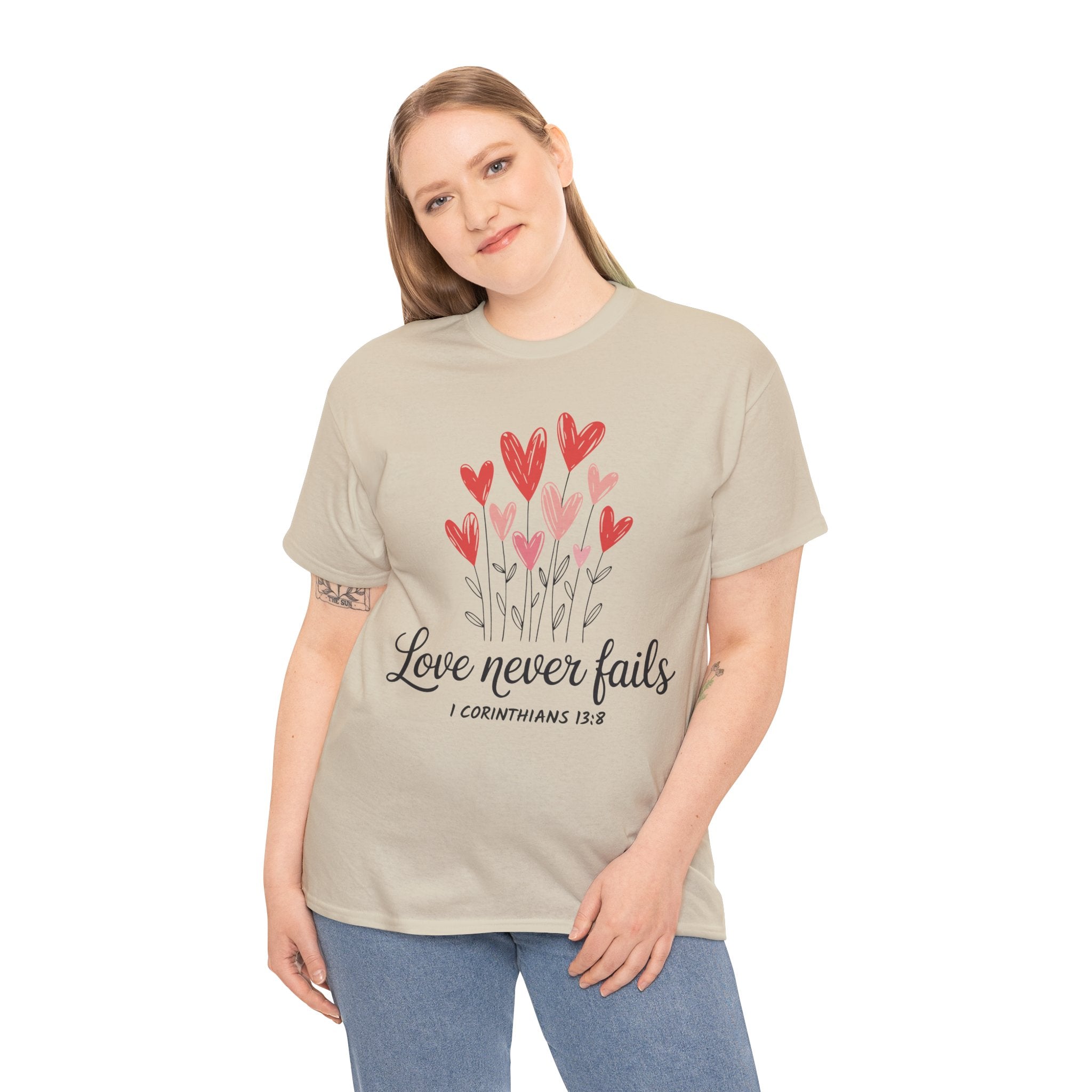 Christian Valentine T-Shirt — "Love Never Fails" (1 Corinthians 13:8) Unisex Cotton Tee