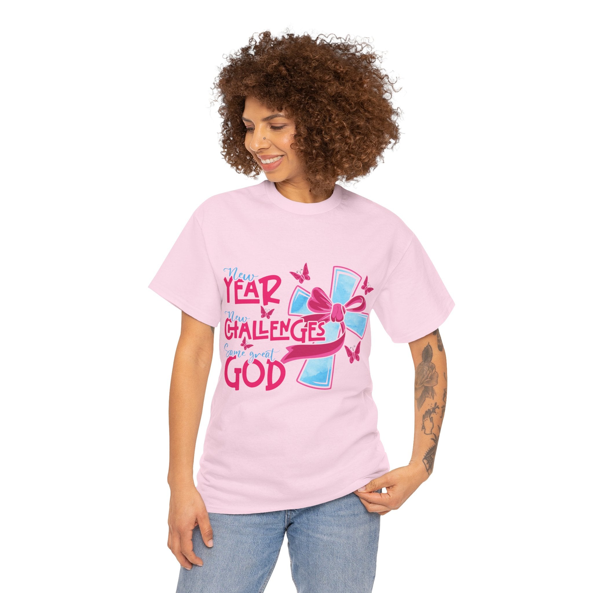 Christian T-Shirt — “New Year, New Challenges, Same Great God” with Pink Bow Cross & Butterflies. Unisex Cotton Tee