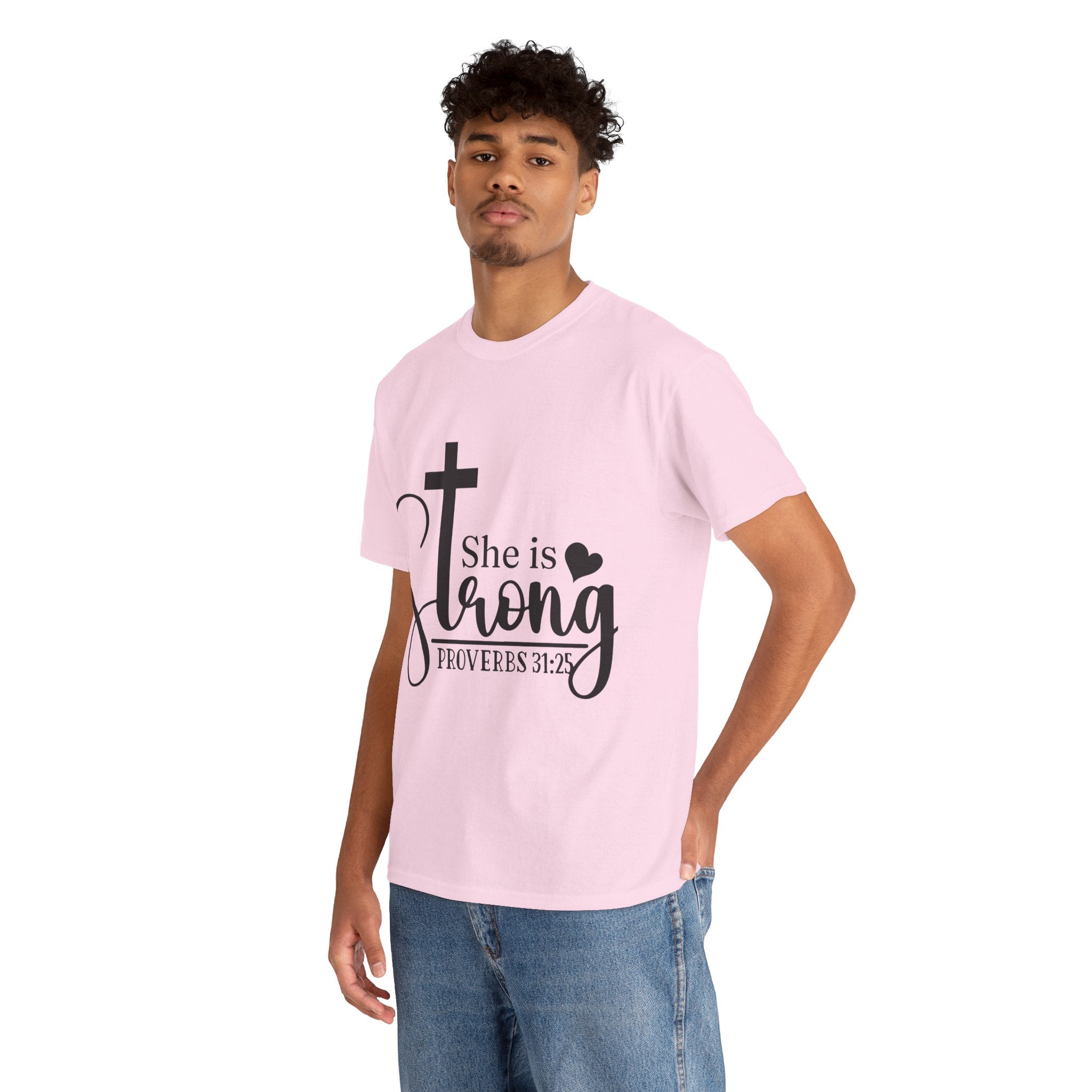 Proverbs 31:25 'She is Strong' T-Shirt – Christian Cross & Heart Unisex Cotton Tee