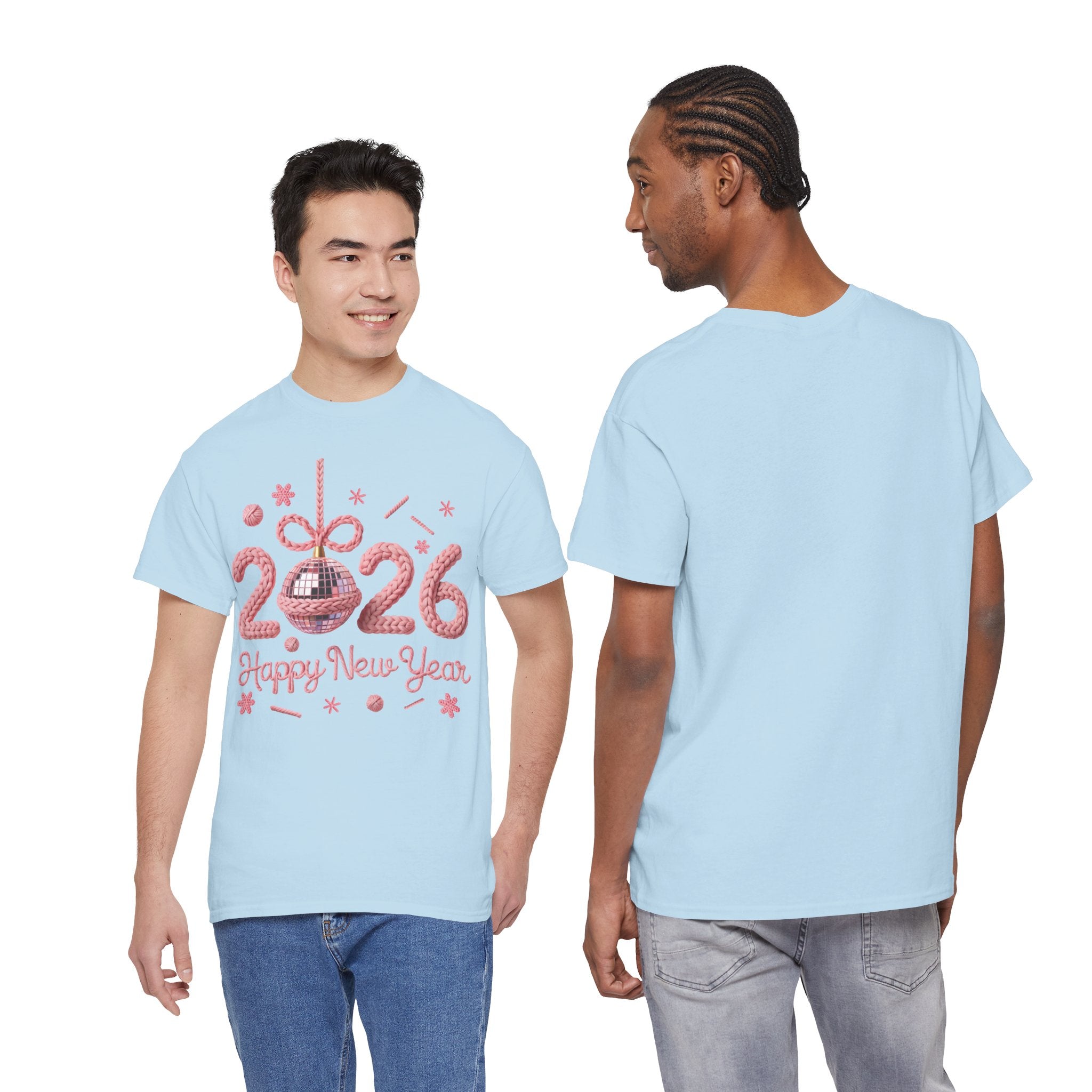 2026 Happy New Year Pink Knitted Disco Ball Unisex Cotton Tee