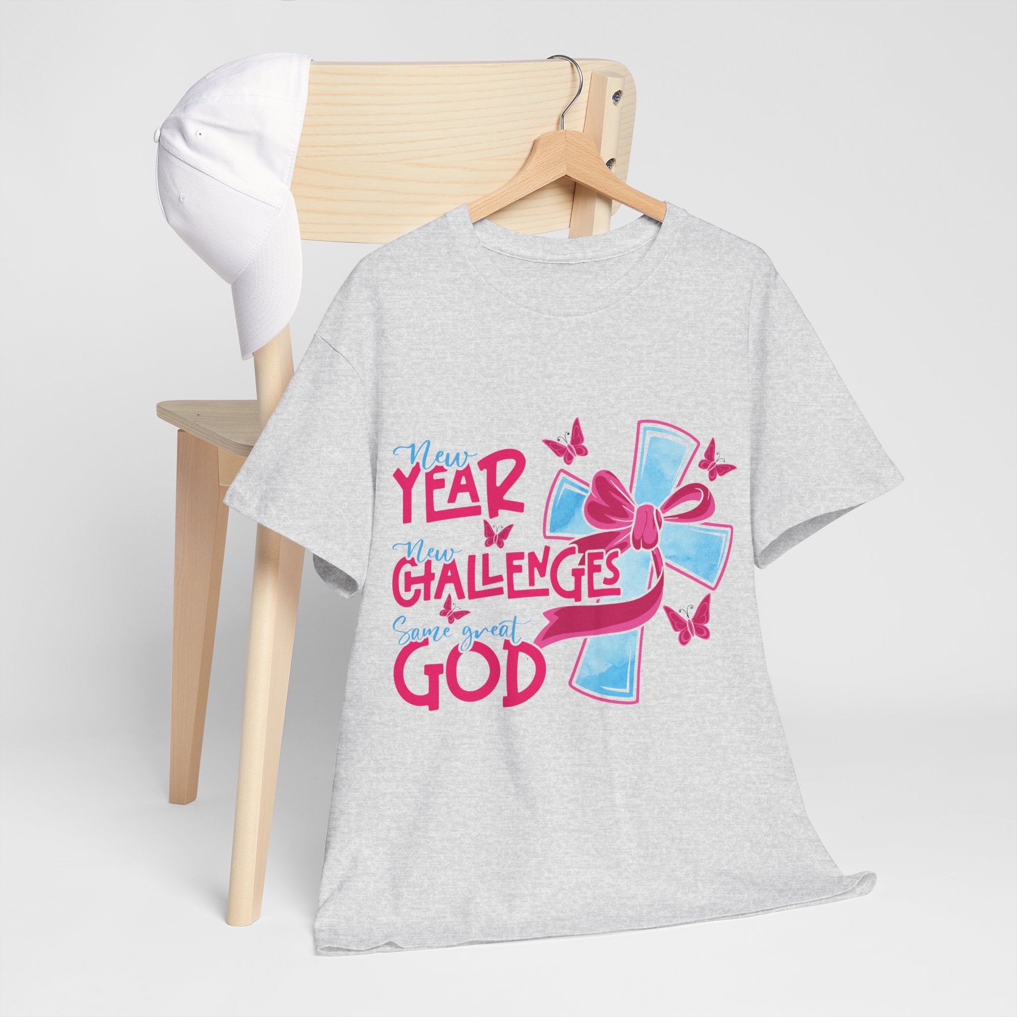 Christian T-Shirt — “New Year, New Challenges, Same Great God” with Pink Bow Cross & Butterflies. Unisex Cotton Tee