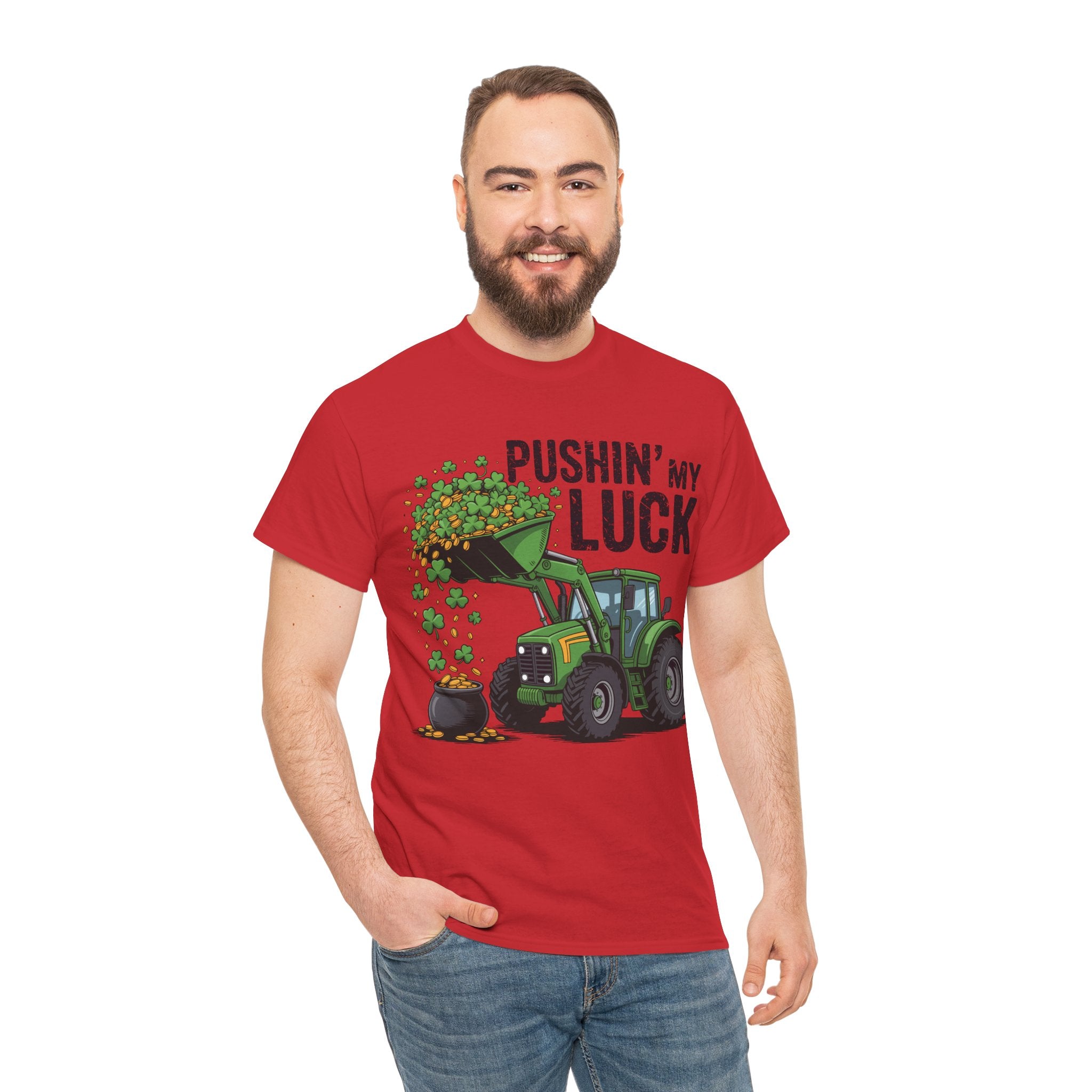 Pushin' My Luck Shamrock Tractor Tee — St. Patrick's Day Unisex Cotton T-Shirt