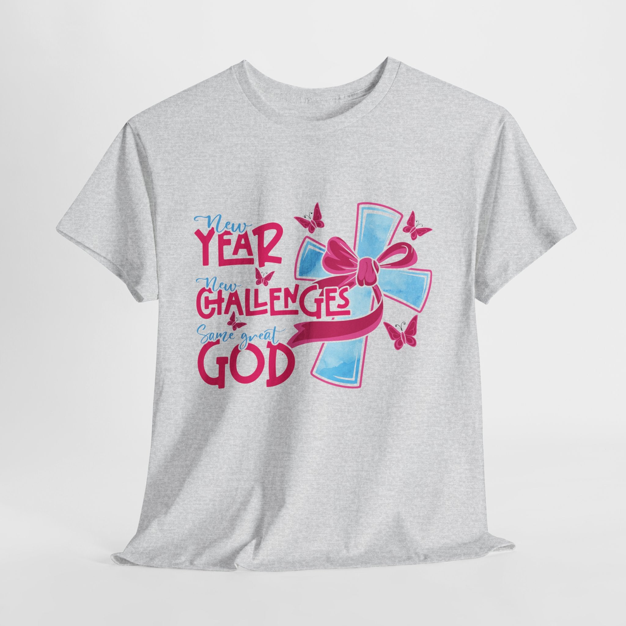 Christian T-Shirt — “New Year, New Challenges, Same Great God” with Pink Bow Cross & Butterflies. Unisex Cotton Tee