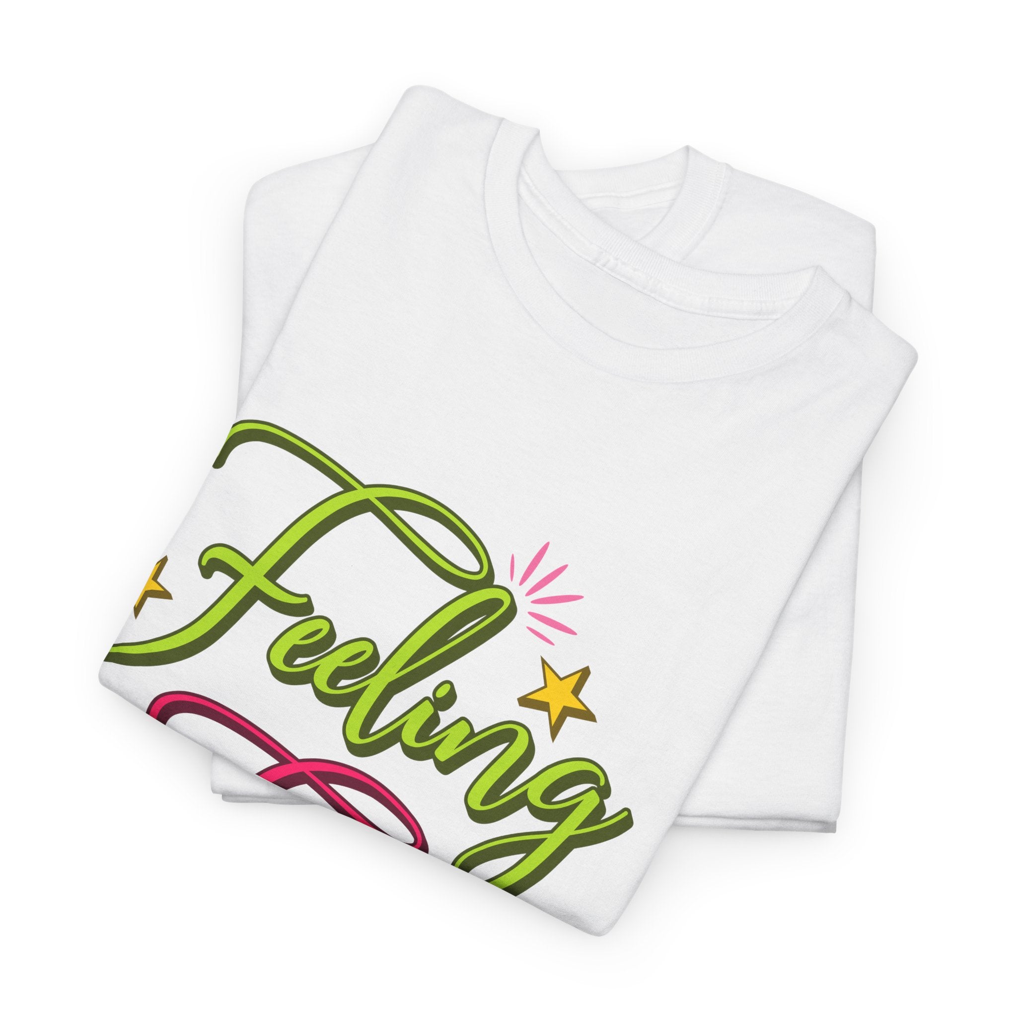 Feeling Frosty Holiday T-Shirt — Green & Pink Script Stars.Unisex Cotton Tee