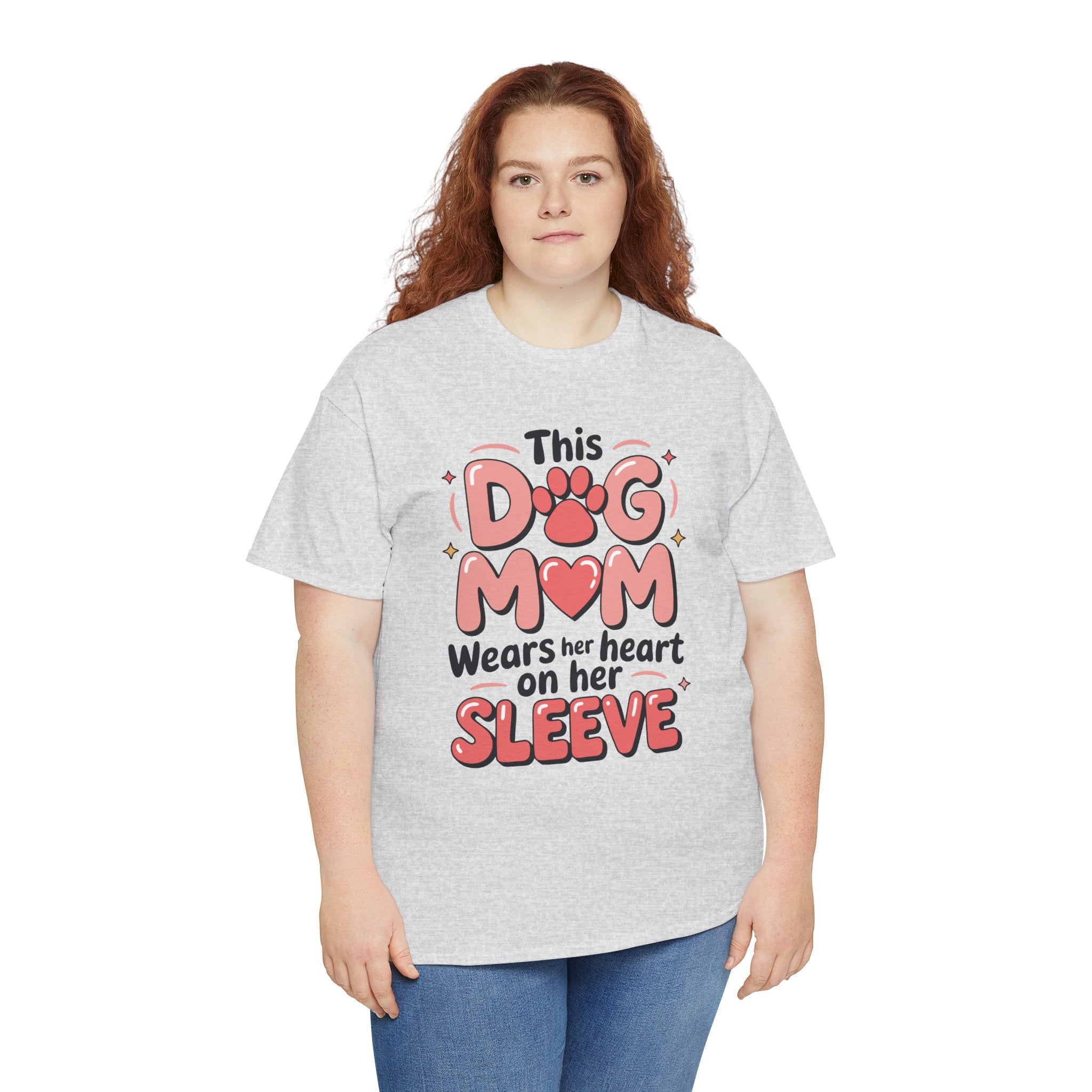 Dog Mom T-Shirt — "This Dog Mom Wears Her Heart on Her Sleeve" Paw & Heart Unisex Cotton Tee