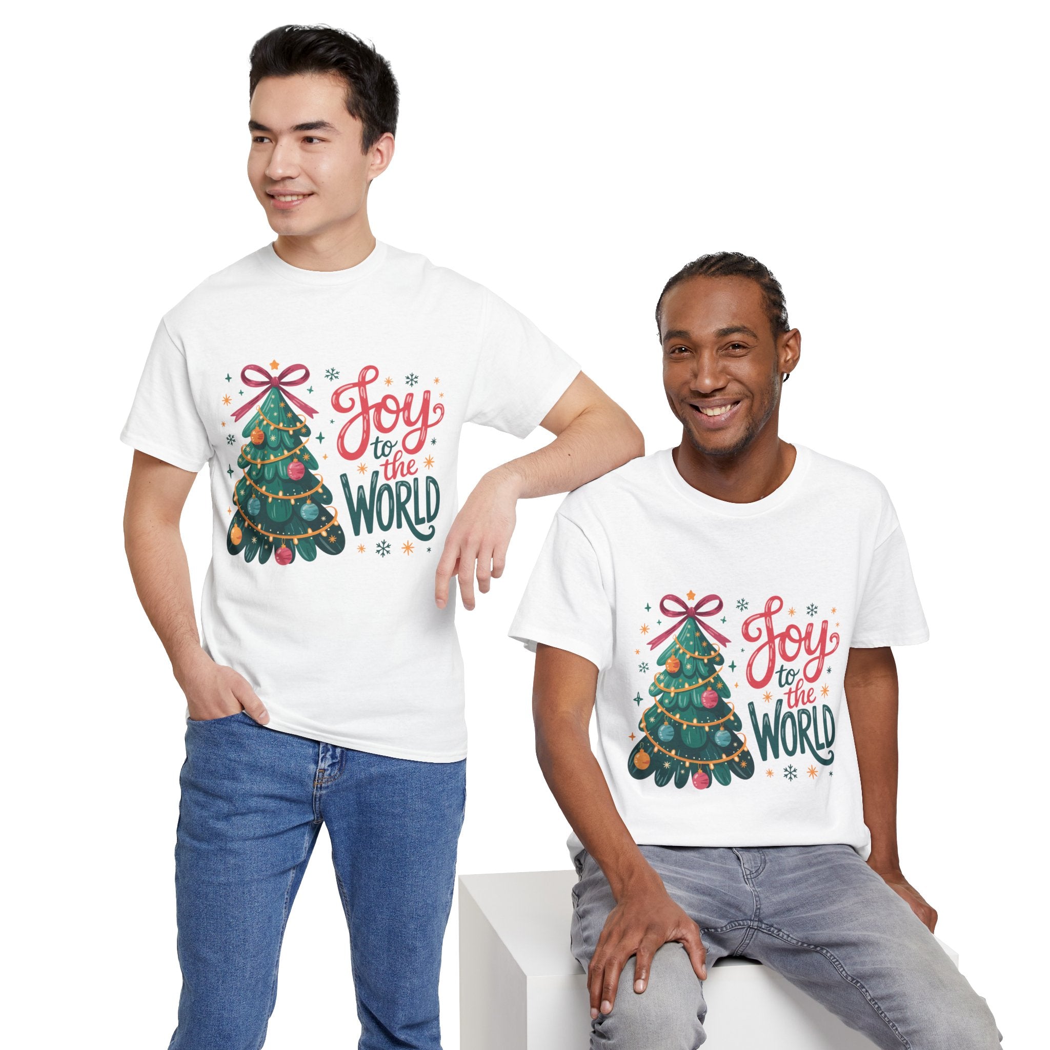 Joy to the World Christmas Tee — Festive Tree with Pink Bow..Unisex Cotton Tee