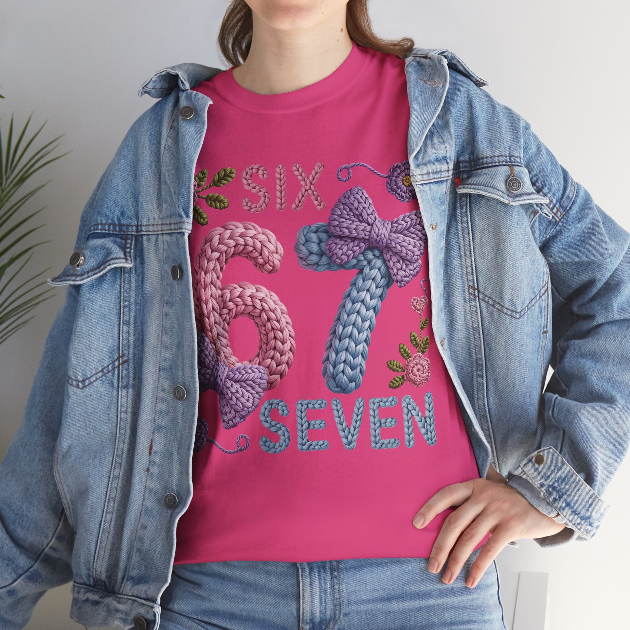 Pastel Crochet Numbers 6 & 7 Tee — Faux-Yarn Bows & Flowers. Unisex Cotton Tee