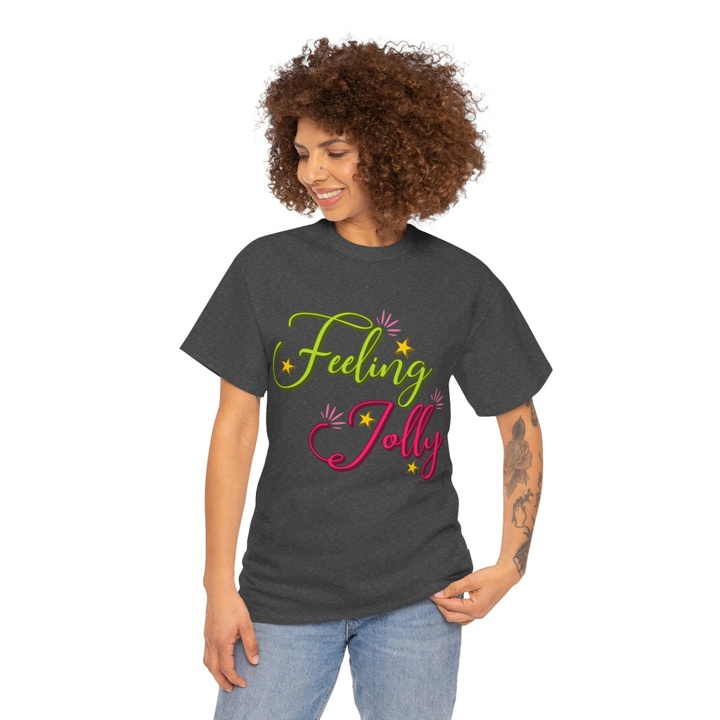 Feeling Jolly Tee — Festive Green & Pink Script with Yellow Stars Unisex Cotton Tee