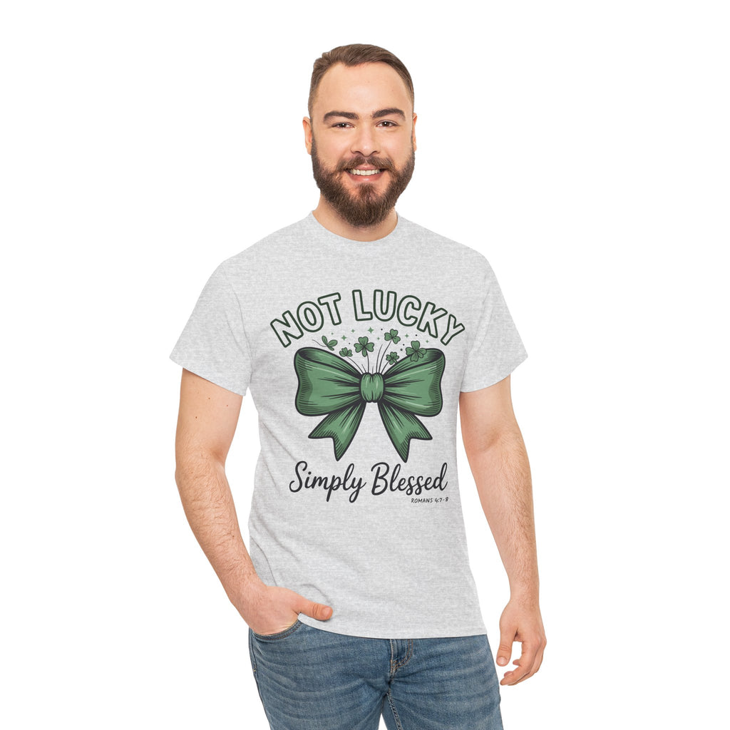 Not Lucky, Simply Blessed T-Shirt — Green Bow & Clovers St. Patrick’s Unisex Cotton Tee