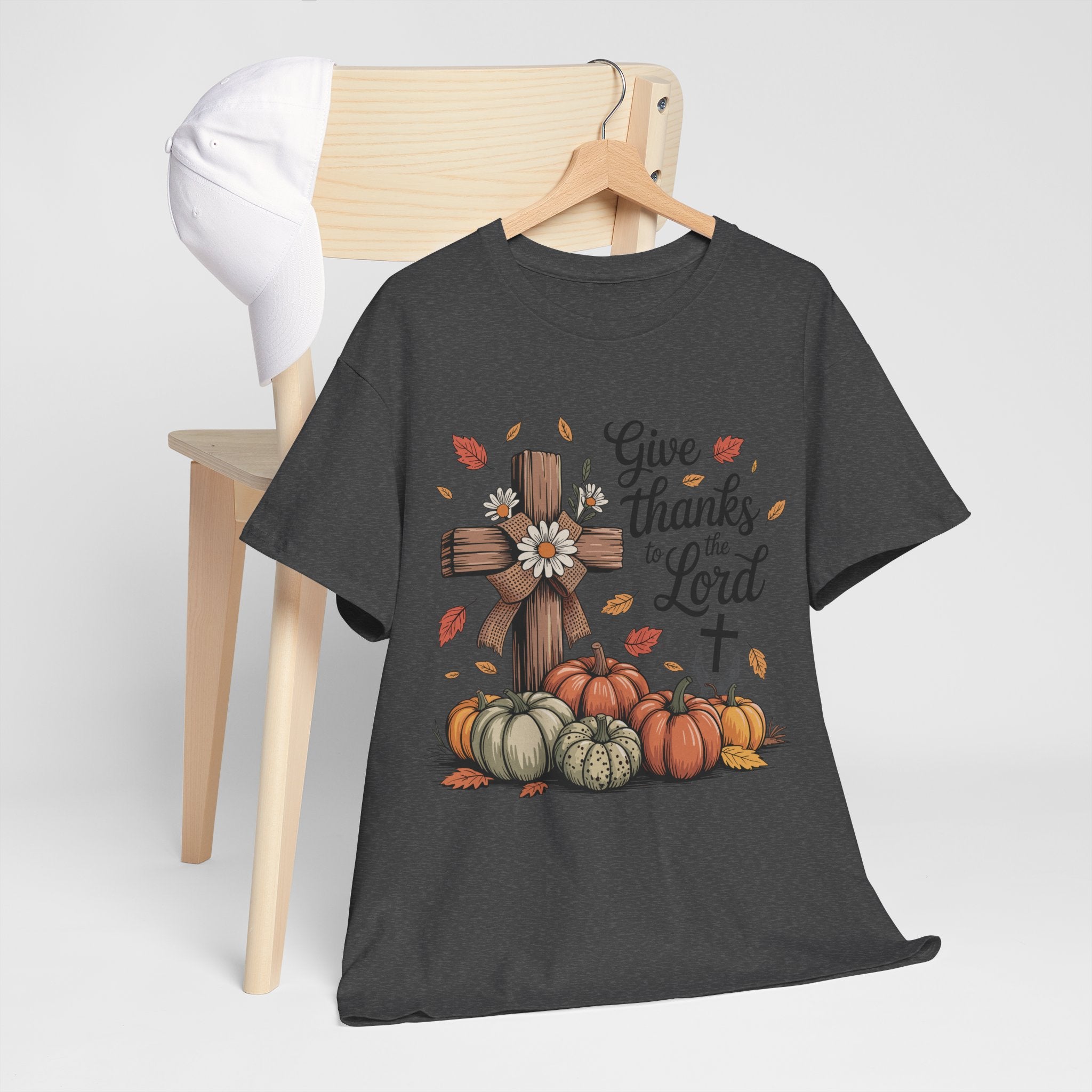 Give Thanks to the Lord Autumn Tee — Wooden Cross, Pumpkins & Daisies..Unisex Cotton Tee