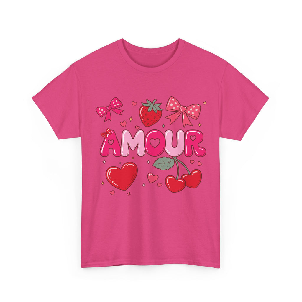 Amour Pink Hearts Tee — Shiny Lettering with Bows, Cherries & Strawberry Accent...Unisex Cotton Tee