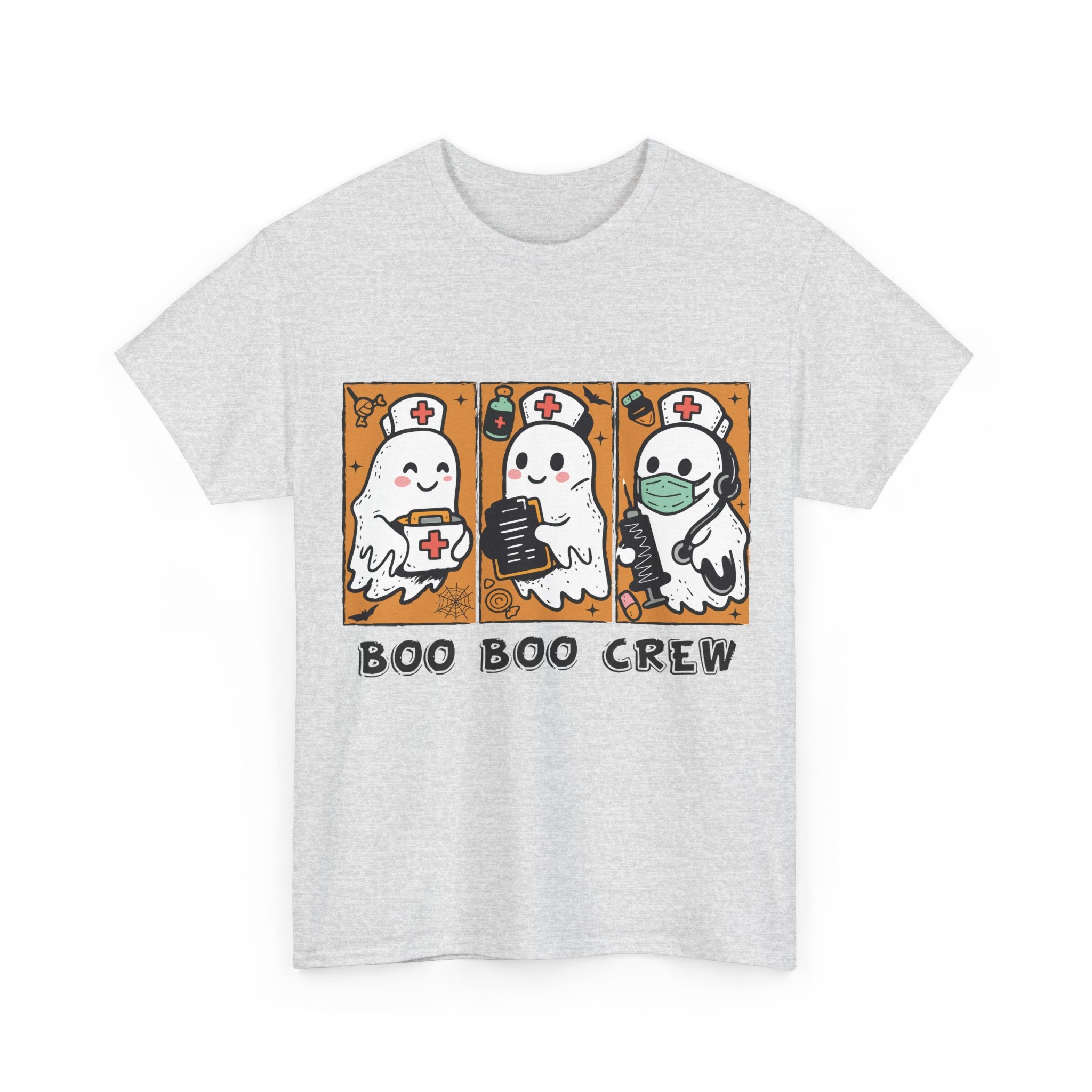Halloween Nurse T-Shirt — Ghost Nurses Holding Medical Tools on Orange Unisec Cotton Tee