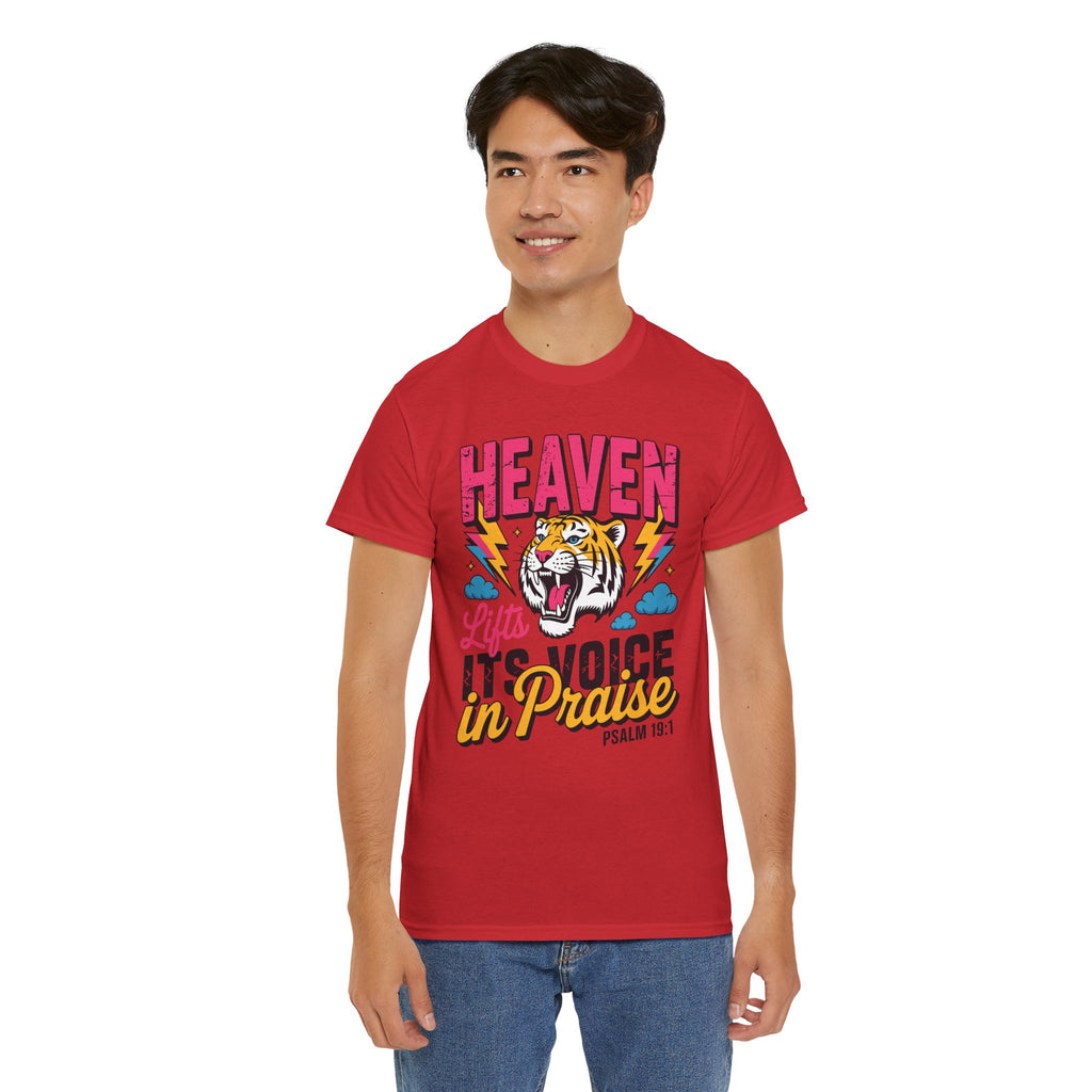 Psalm 19:1 Tiger Praise T-Shirt — Bold Christian Roaring Tiger Graphic.Unisex Cotton Tee
