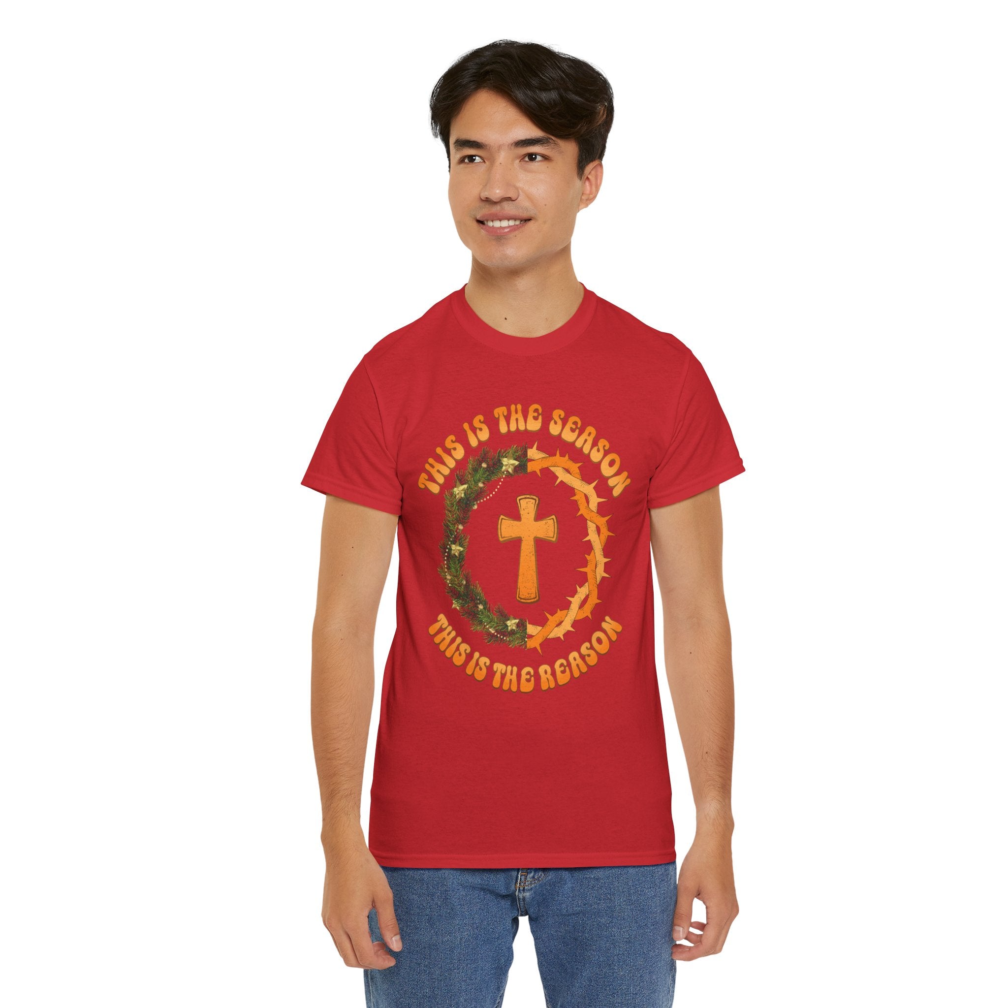 Christian T‑Shirt — "This is the Season, This is the Reason" (Golden Cross, Wreath & Crown of Thorns)..Unisex Cotton Tee