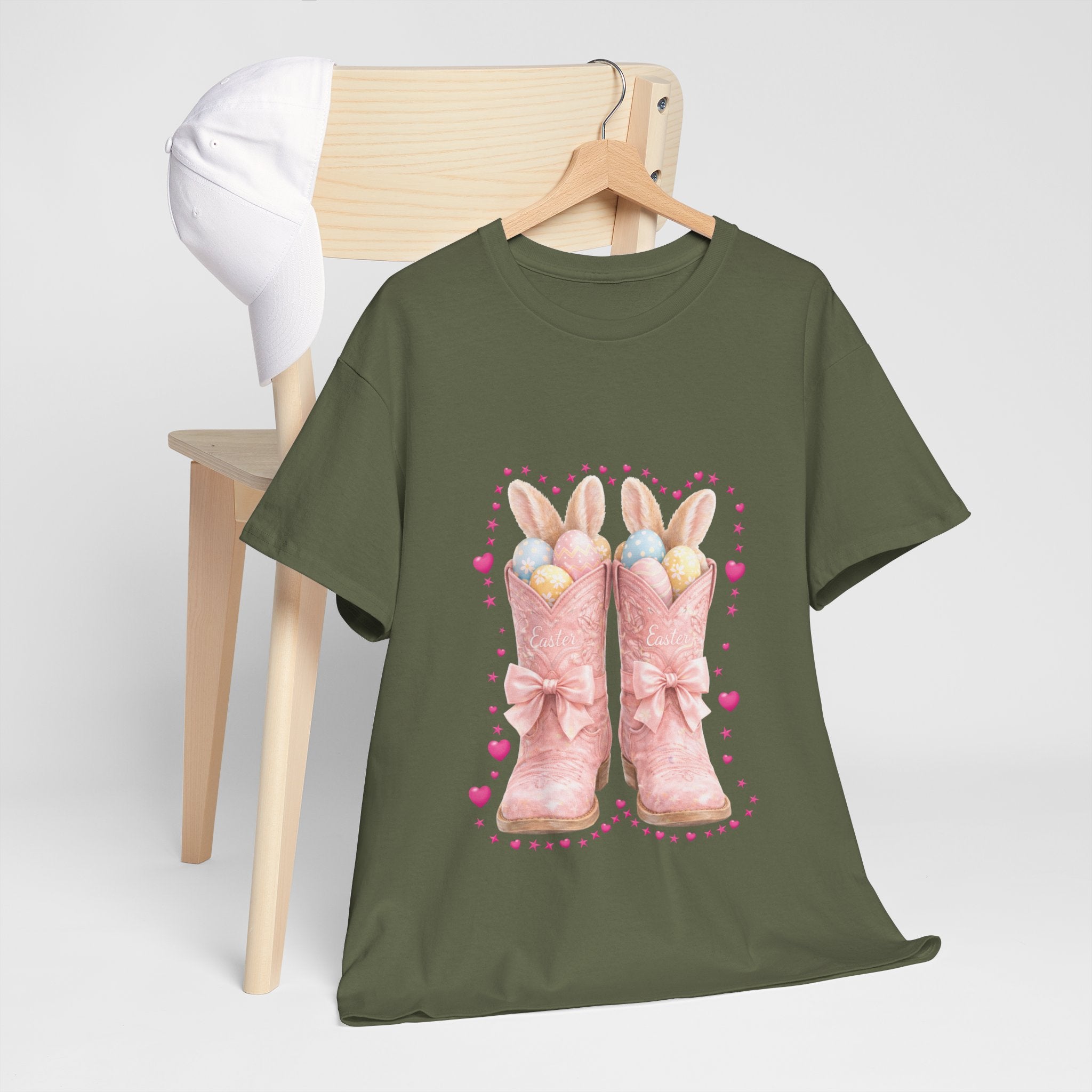 Easter Pink Western Boots Tee — Pastel Bunny Eggs & Bows Unisex Cotton Tee