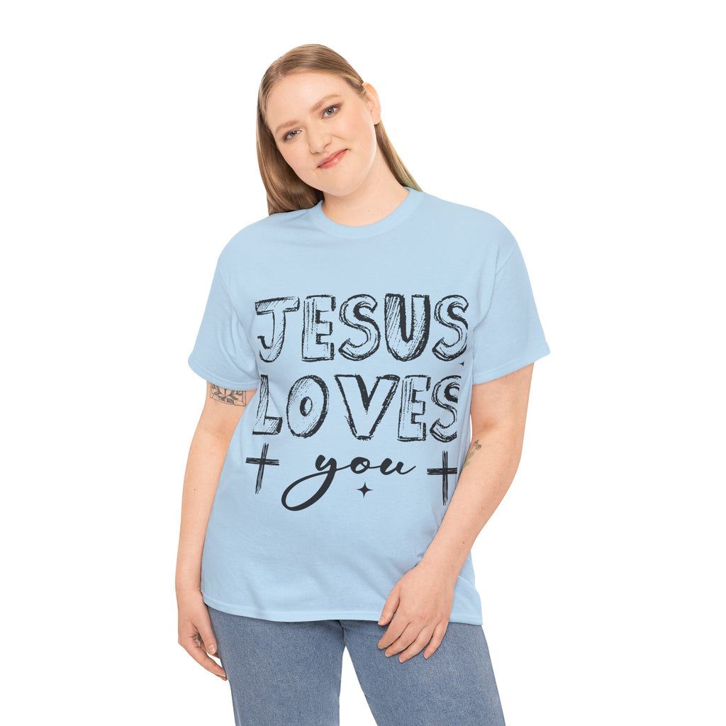 Jesus Loves You Chalk-Style Tee — Crosses & Stars Christian UNisex Cotton T-Shirt