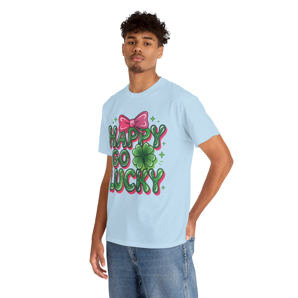 Happy Go Lucky Four-Leaf Clover Tee — Glossy Green Letters & Pink Bow Unisex Cotton Tee