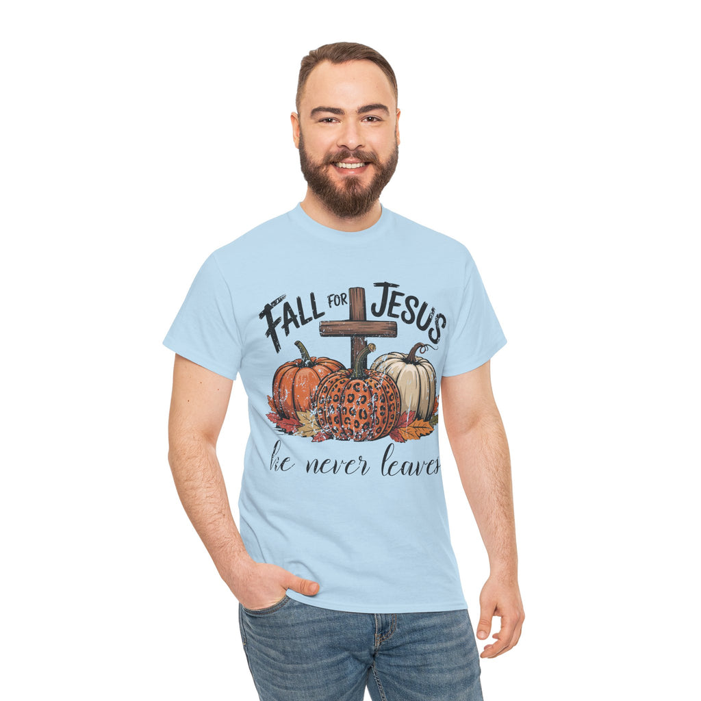 Fall for Jesus Pumpkin Cross Tee — "He Never Leaves" Autumn Christian Unisex Cotton T-Shirt