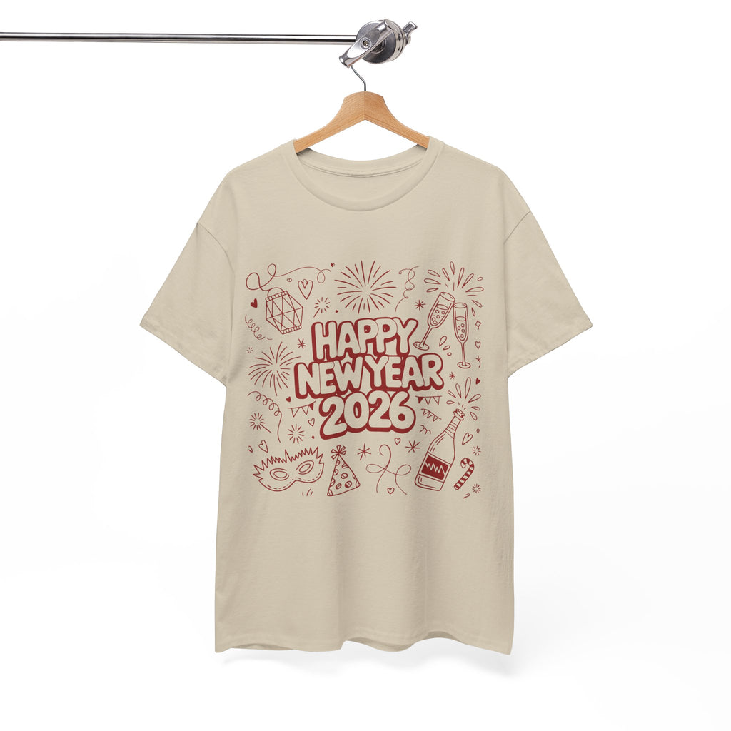 Happy New Year 2026 Doodle T-Shirt — Pink Party Icons & Champagne Unisex Cotton Tee