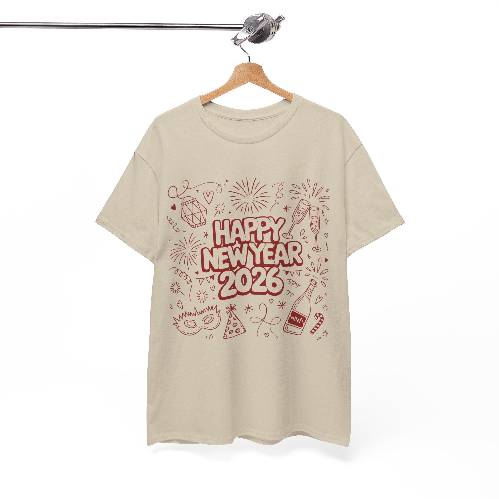 Happy New Year 2026 Doodle T-Shirt — Pink Party Icons & Champagne Unisex Cotton Tee