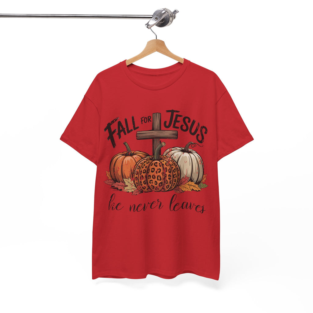 Fall for Jesus Pumpkin Cross Tee — "He Never Leaves" Autumn Christian Unisex Cotton T-Shirt